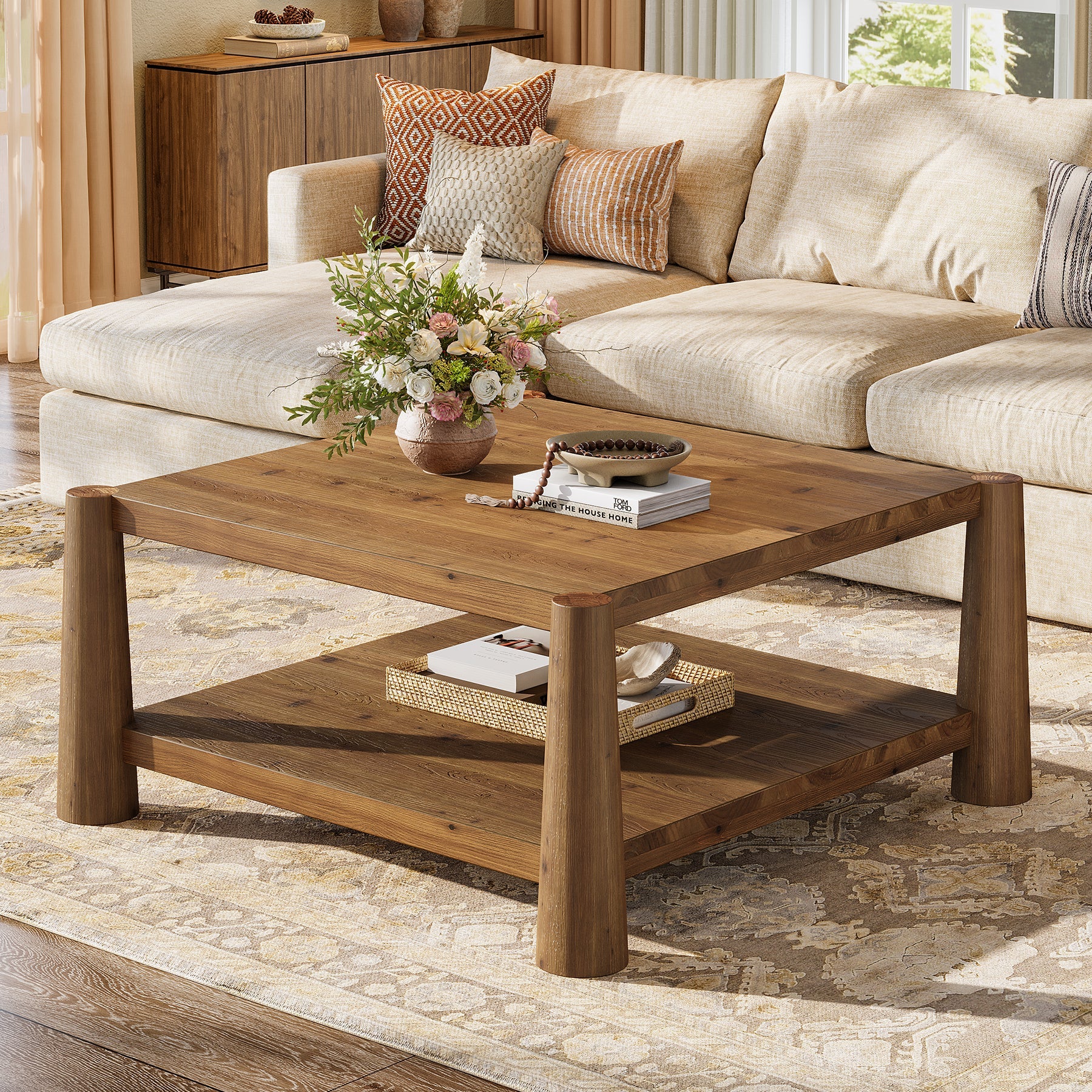 34" Square Solid Wood 2-Tier Coffee Table, Farmhouse Storage Brown