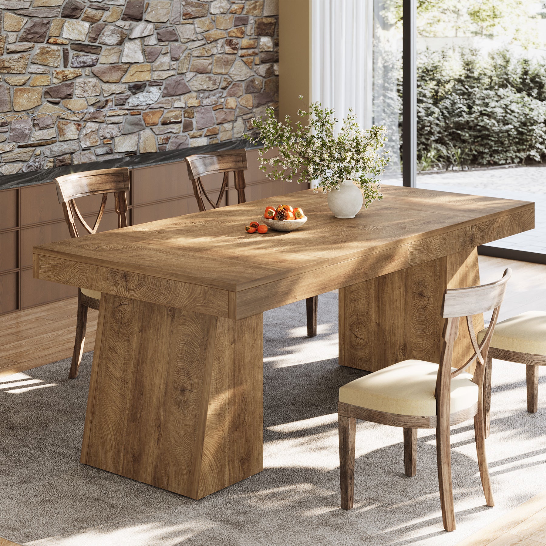 Tribesigns 55-Inch Dining Table for 4-6 People, Rectangular Farmhouse Kitchen Table with Double Pedestal Base