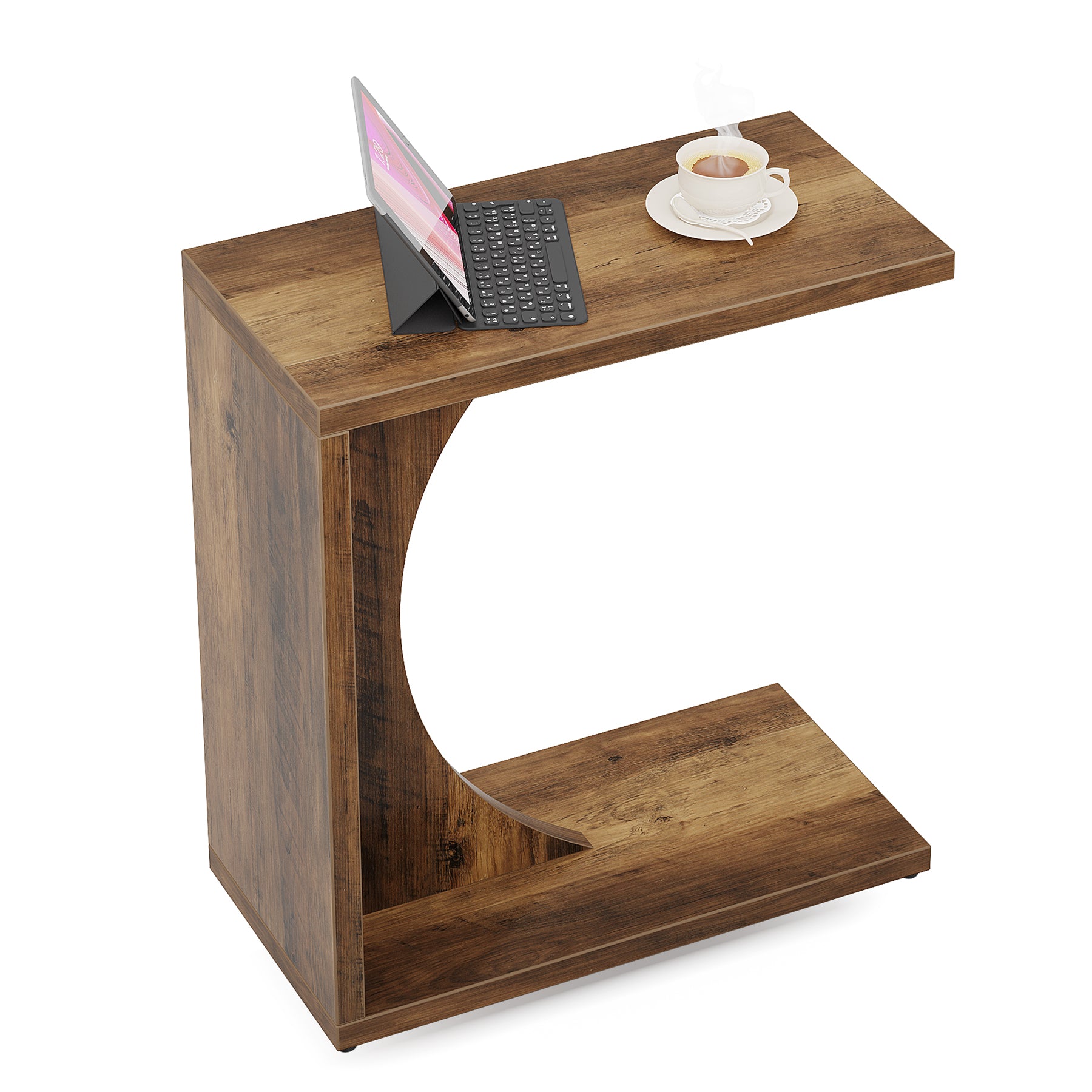 C Shaped End Table for Couch in Rustic Brown, Small Wooden Bedside Table Laptop Work Desk