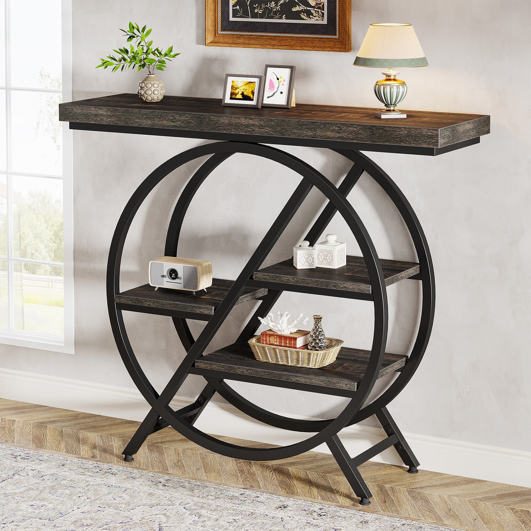 4-Tier Console Table, 39.4" Entryway Table with Geometric Metal Frame