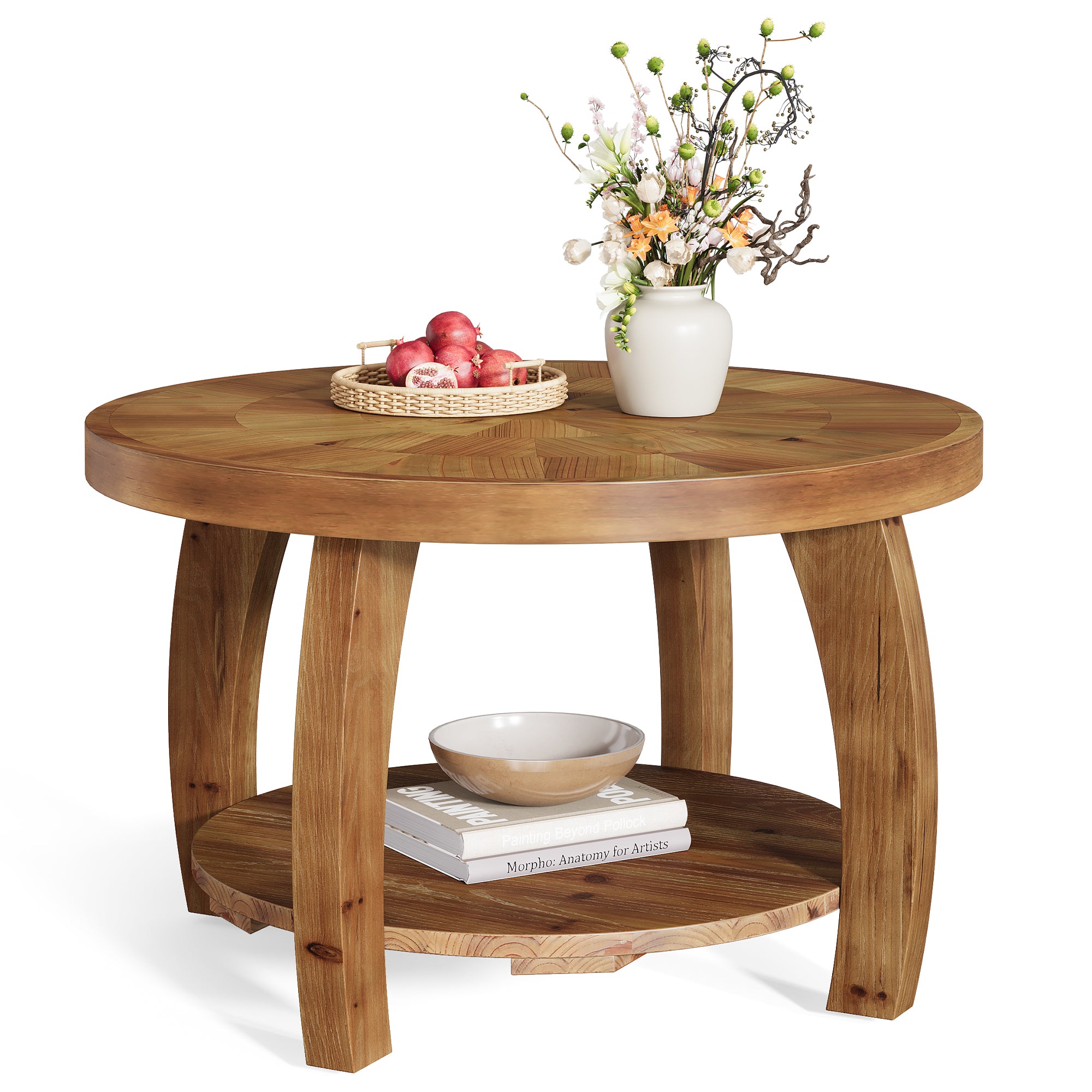 31.5-Inch Solid Wood Round Coffee Table, 2-Tier Center Table with Mosaic Pattern and Storage