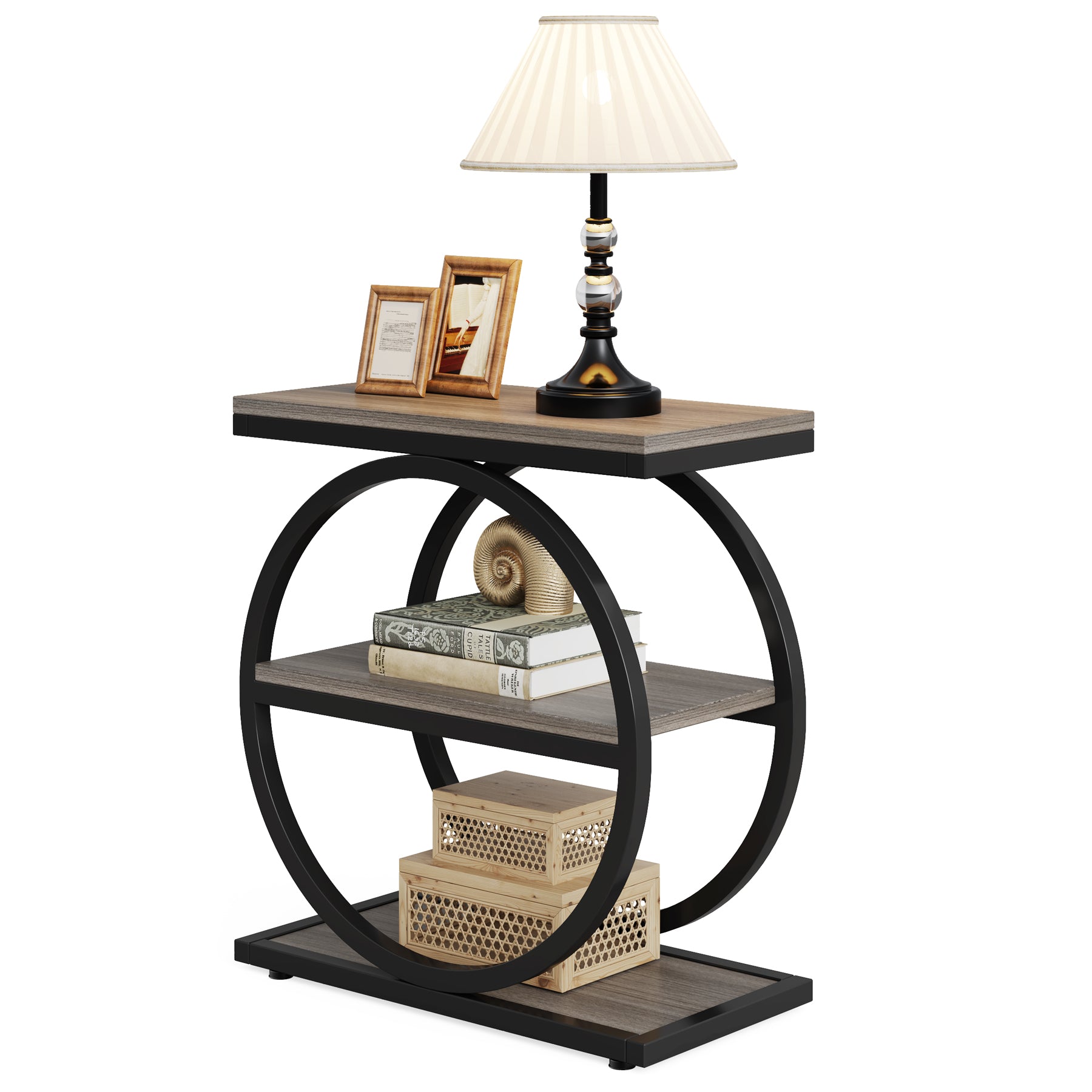 3-Tier End Table, Industrial Sofa Side Table with Round Metal Frame