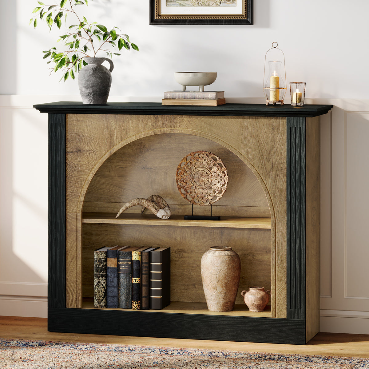 43.3 Inch Narrow Console Table with 3-Tier Storage and Semi-Open Design, Mid-Century Sofa Table for Living Room