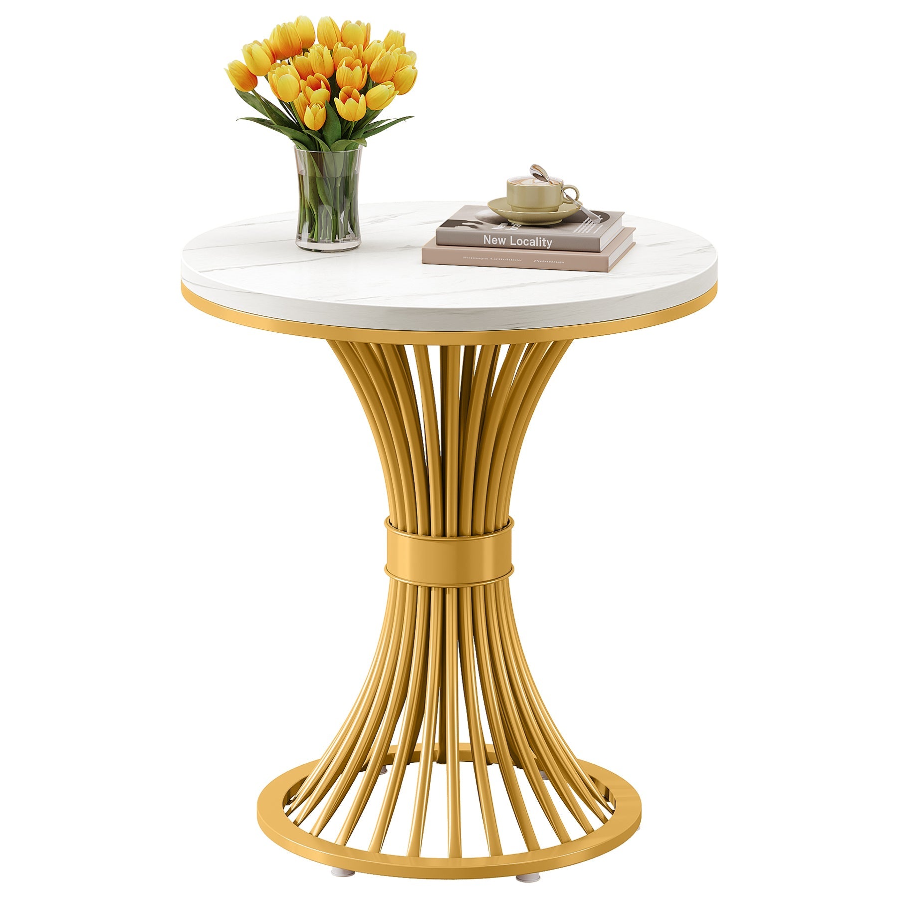 Tribesigns 20" Round End Table with Faux Marble Top, White Side Table with Gold Metal Base