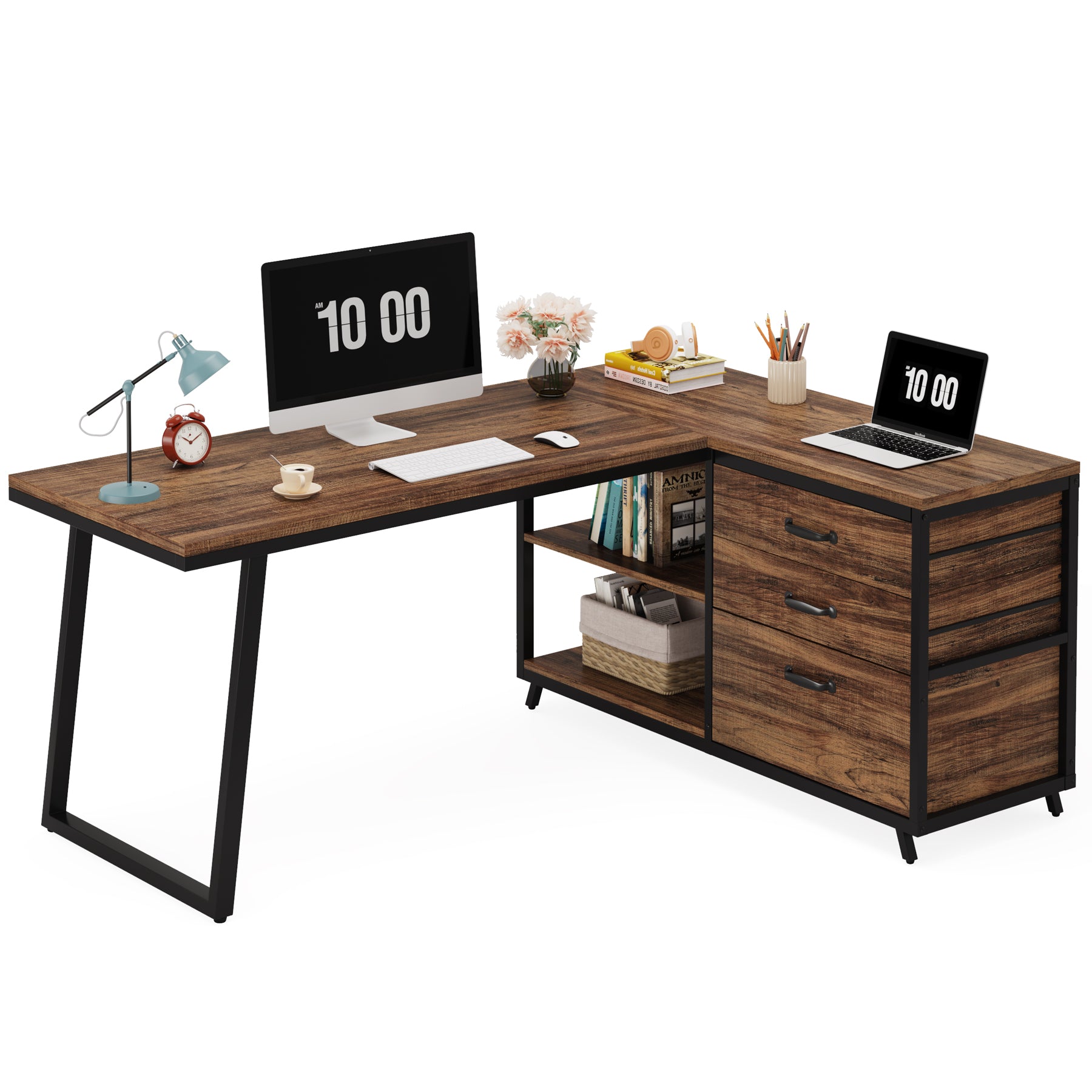 Reversible L-Shaped Computer Desk with 3 Drawers and Shelves, 53-Inch Rustic Brown Corner Desk for Small Spaces