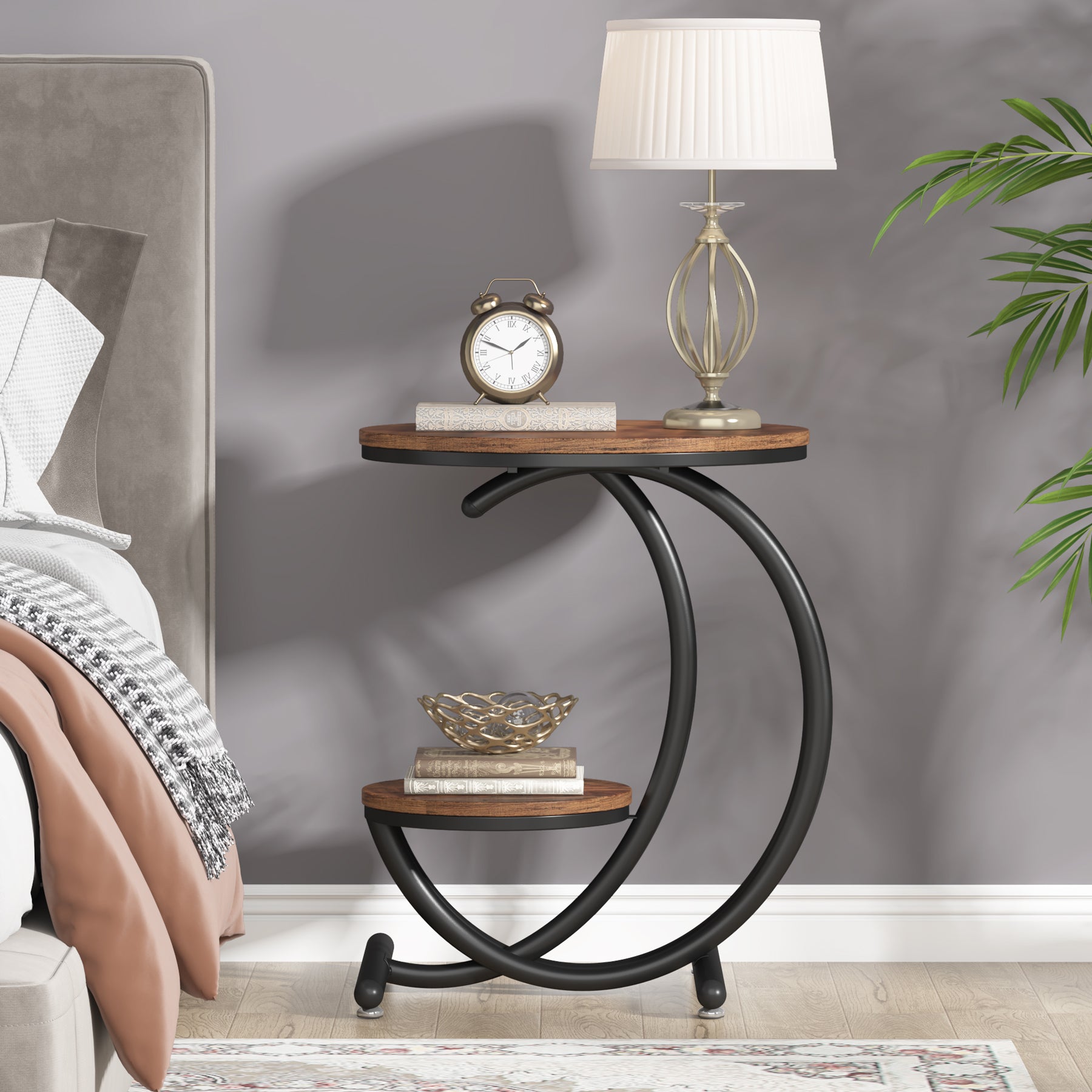 19.68" Round End Table with Storage, 2 Tier Industrial Side Table