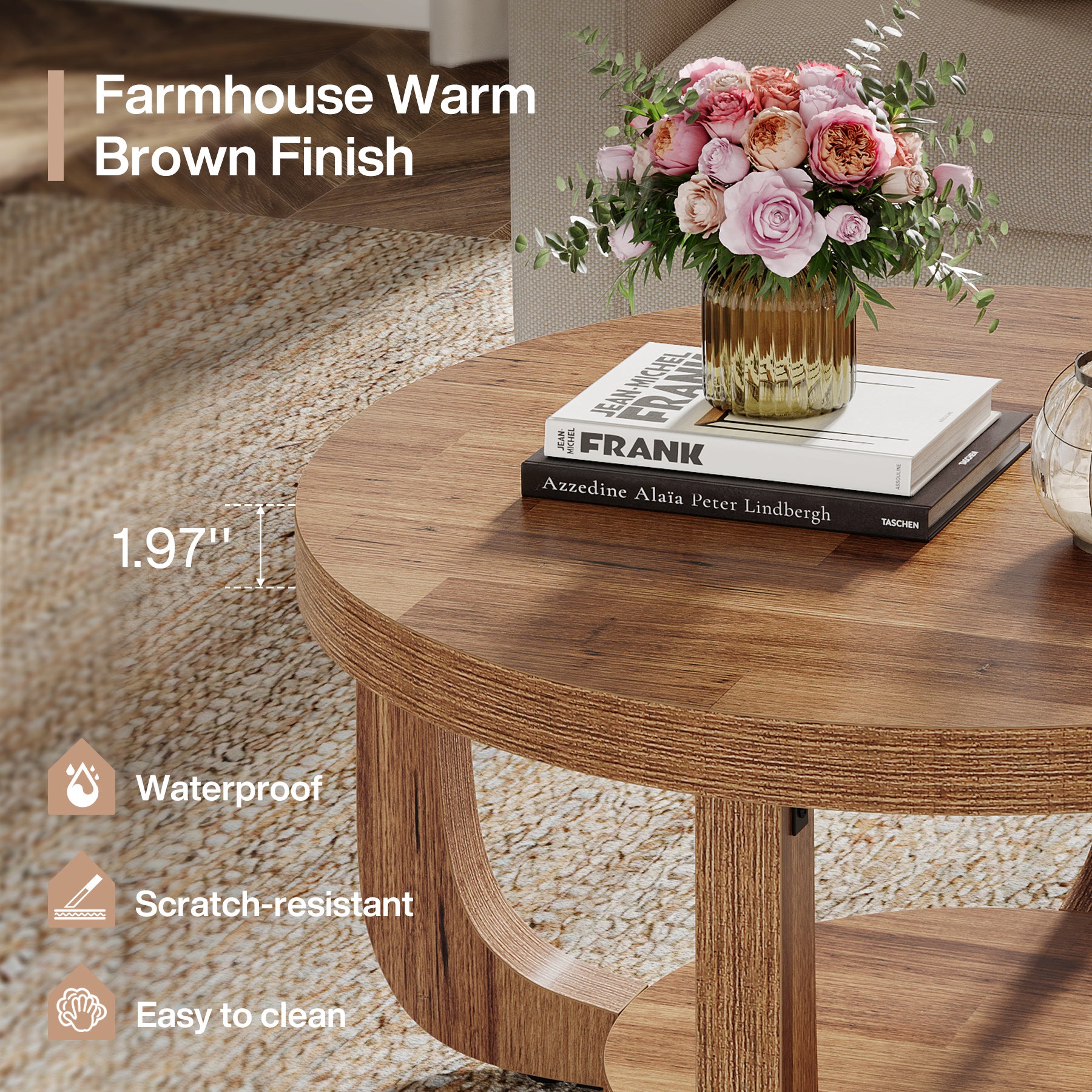 Tribesigns 31.5-Inch Round Coffee Table with Storage Shelf, 2-Tier Farmhouse Table for Living Room