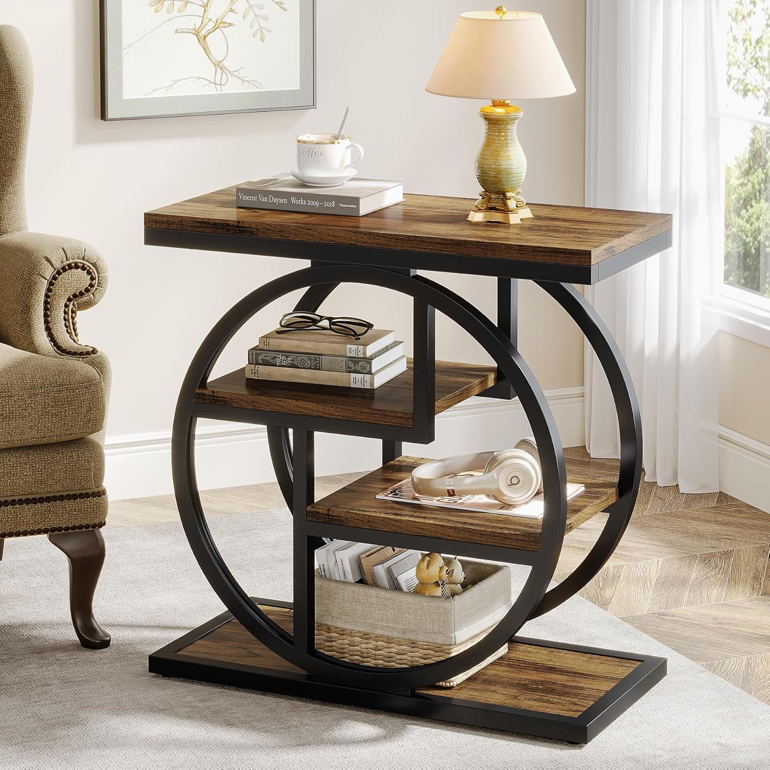 23.6" Industrial 4-Tier End Table - Narrow Wood & Metal Side Table with Storage Shelves, Rustic Brown