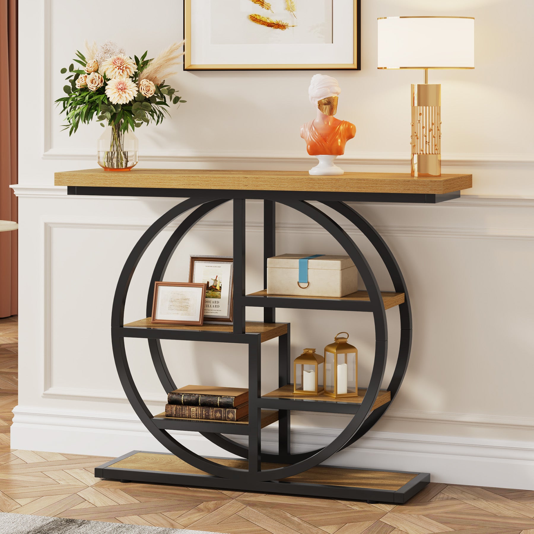 Tribesigns 41.3-Inch Narrow Console Table with 6-Tier Storage, Industrial Hallway Table with Circle Base