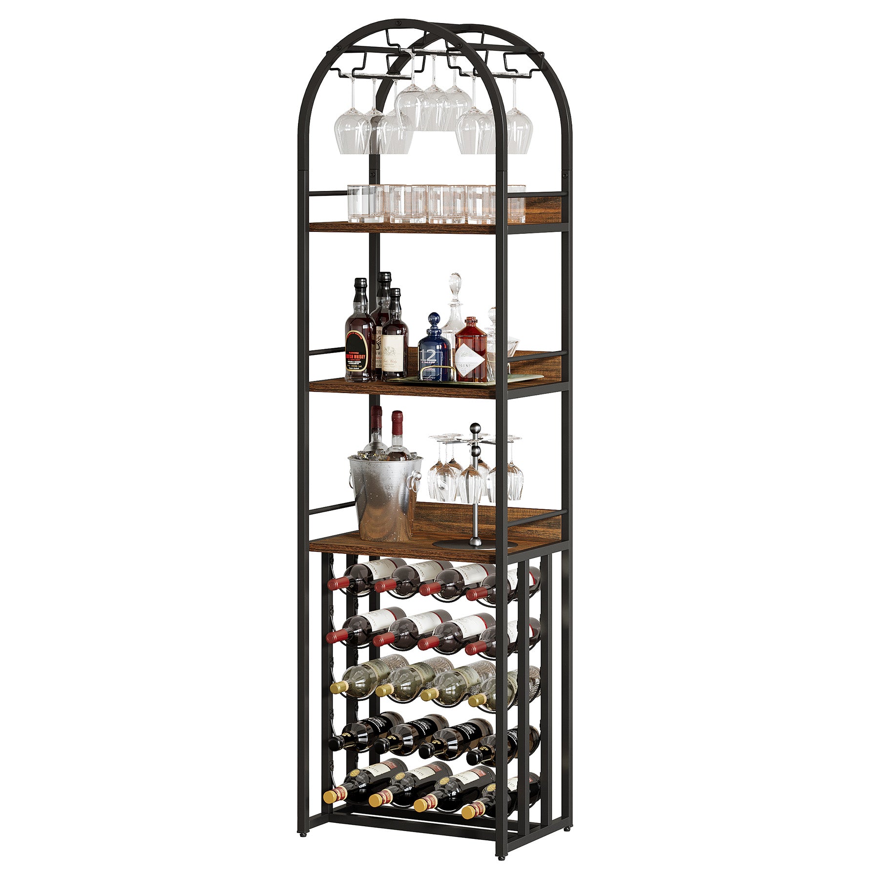 70.9" Tall Wine Rack with Glass Holder, Industrial Metal Wine Storage Stand with Tabletop