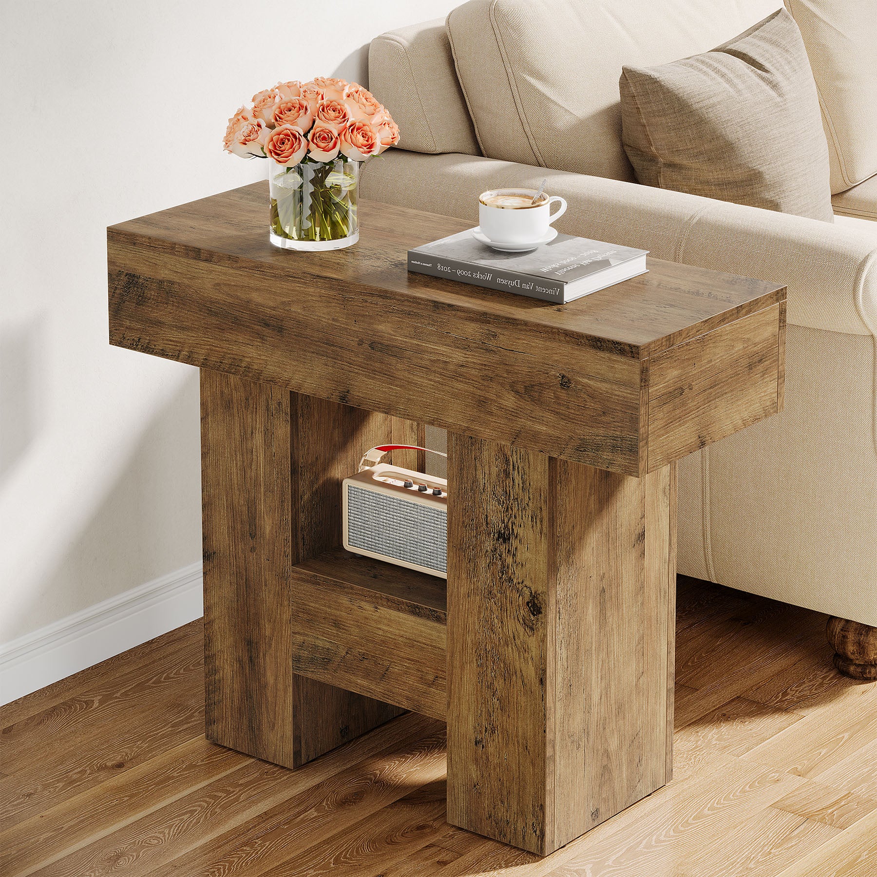 23.6-Inch Farmhouse Narrow End Table with 2-Tier Storage Shelf, Sofa Side Table for Living Room
