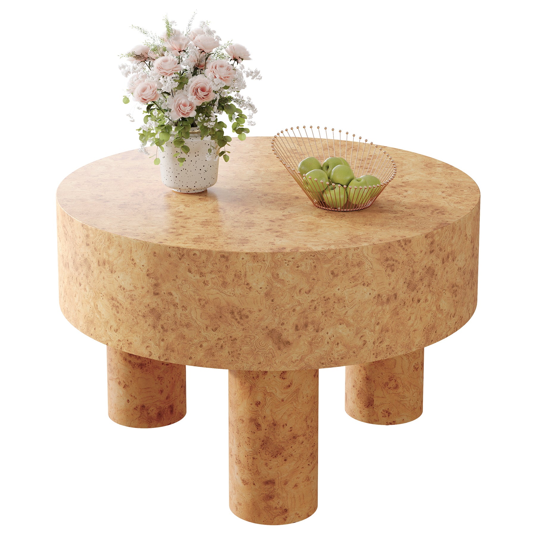 31.5" Modern Round Coffee Table with Burl Texture for Small Space