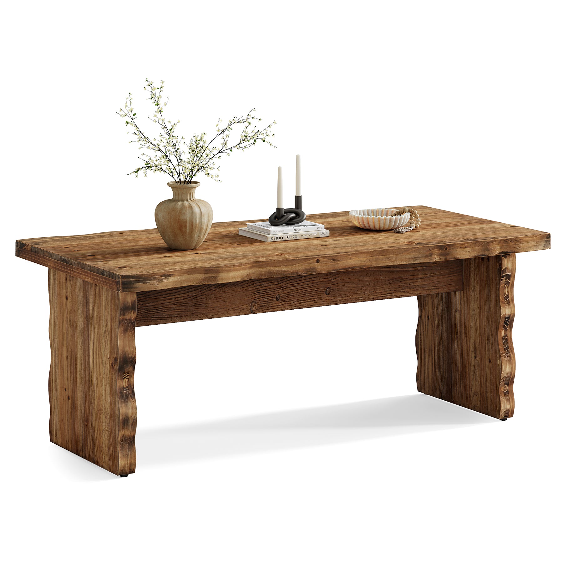 47 Inch Solid Wood Coffee Table, Farmhouse Rectangular Center Table with Natural Wave Edge