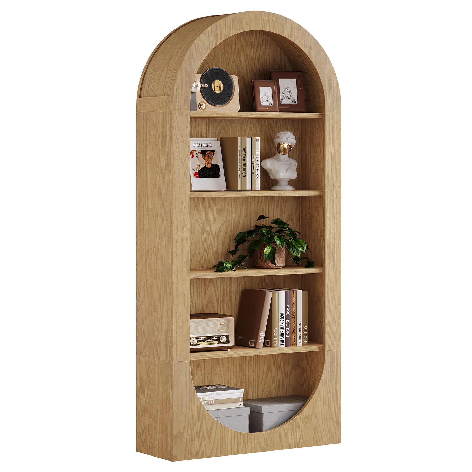 71 Inch Tall Bookshelf with 5 Tier Shelves, Arched Bookcase for Living Room Home Office