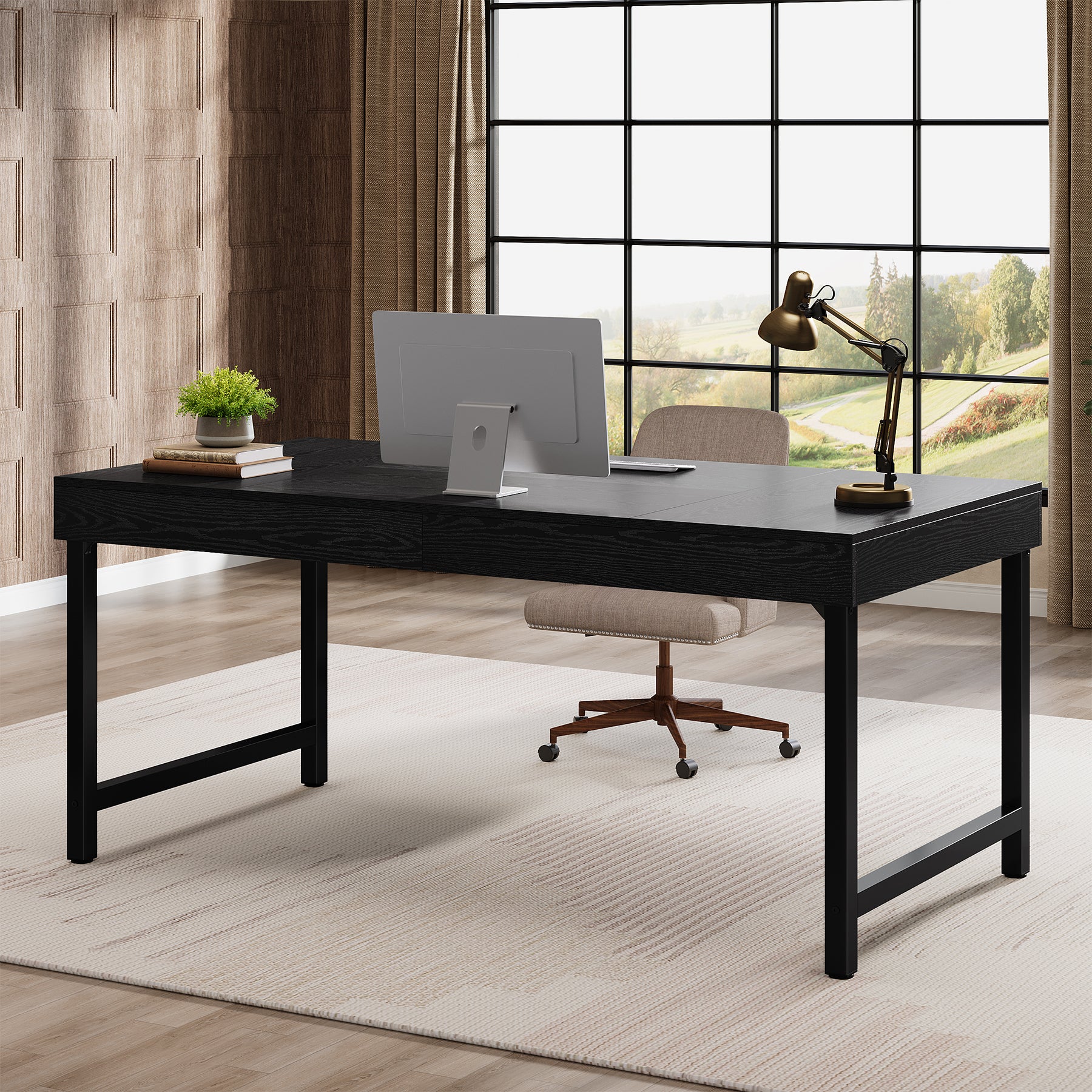 55" Industrial Executive Desk - Rustic Office Desk with Metal Legs, Study & Conference Workstation