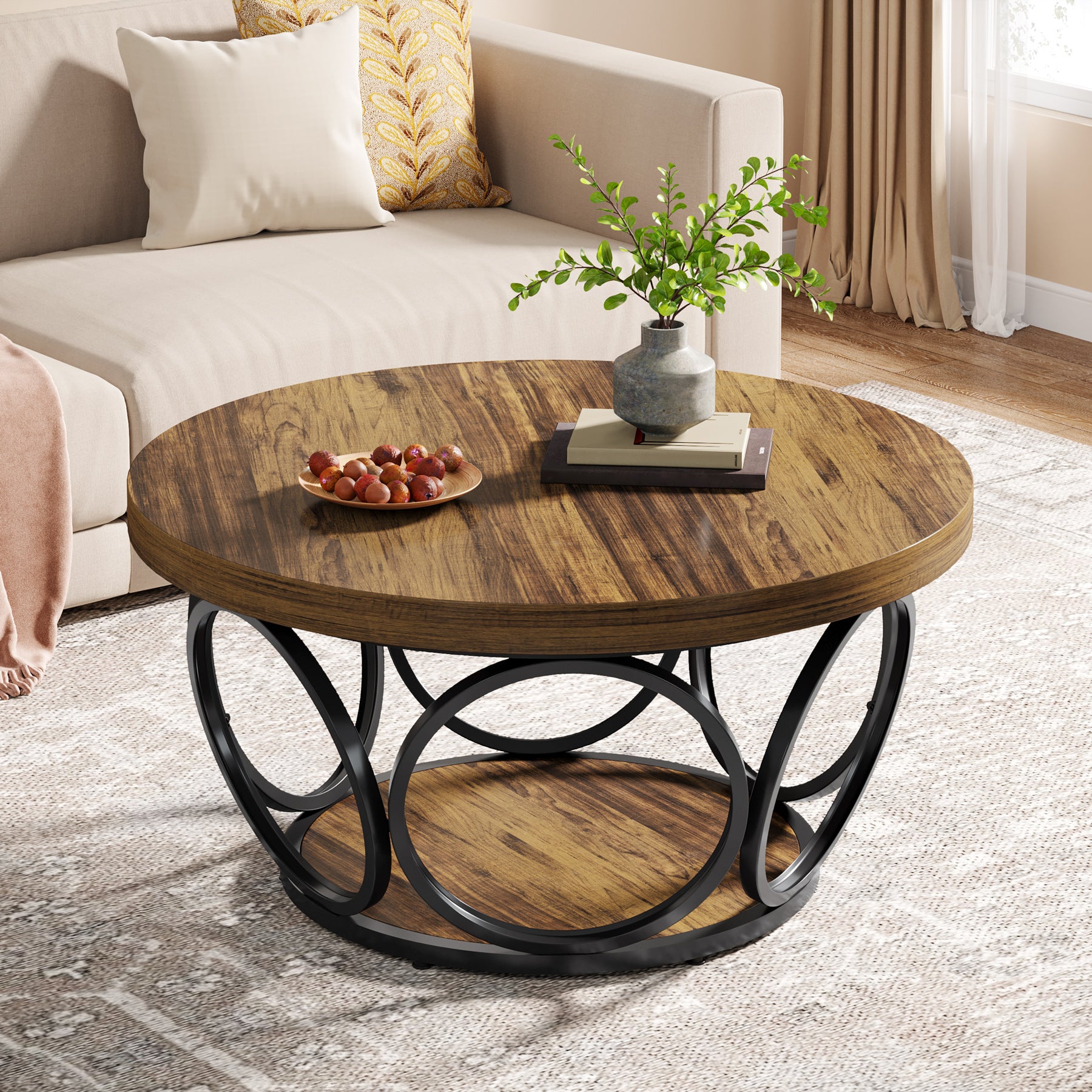 Tribesigns Coffee Table, Round Center Table with 2 Storage Shelves