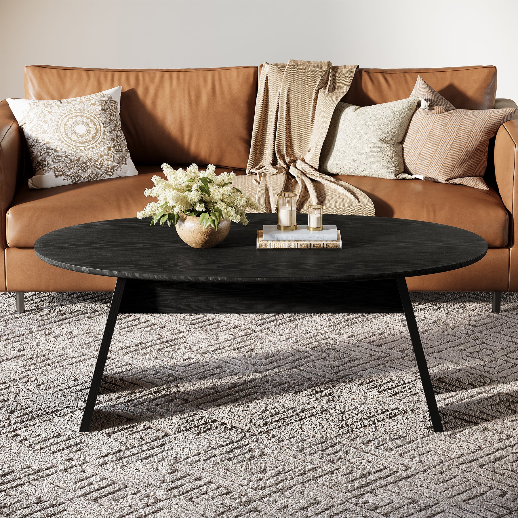 47-Inch Oval Coffee Table for Living Room, Modern Black Center Cocktail Table with Angled Legs