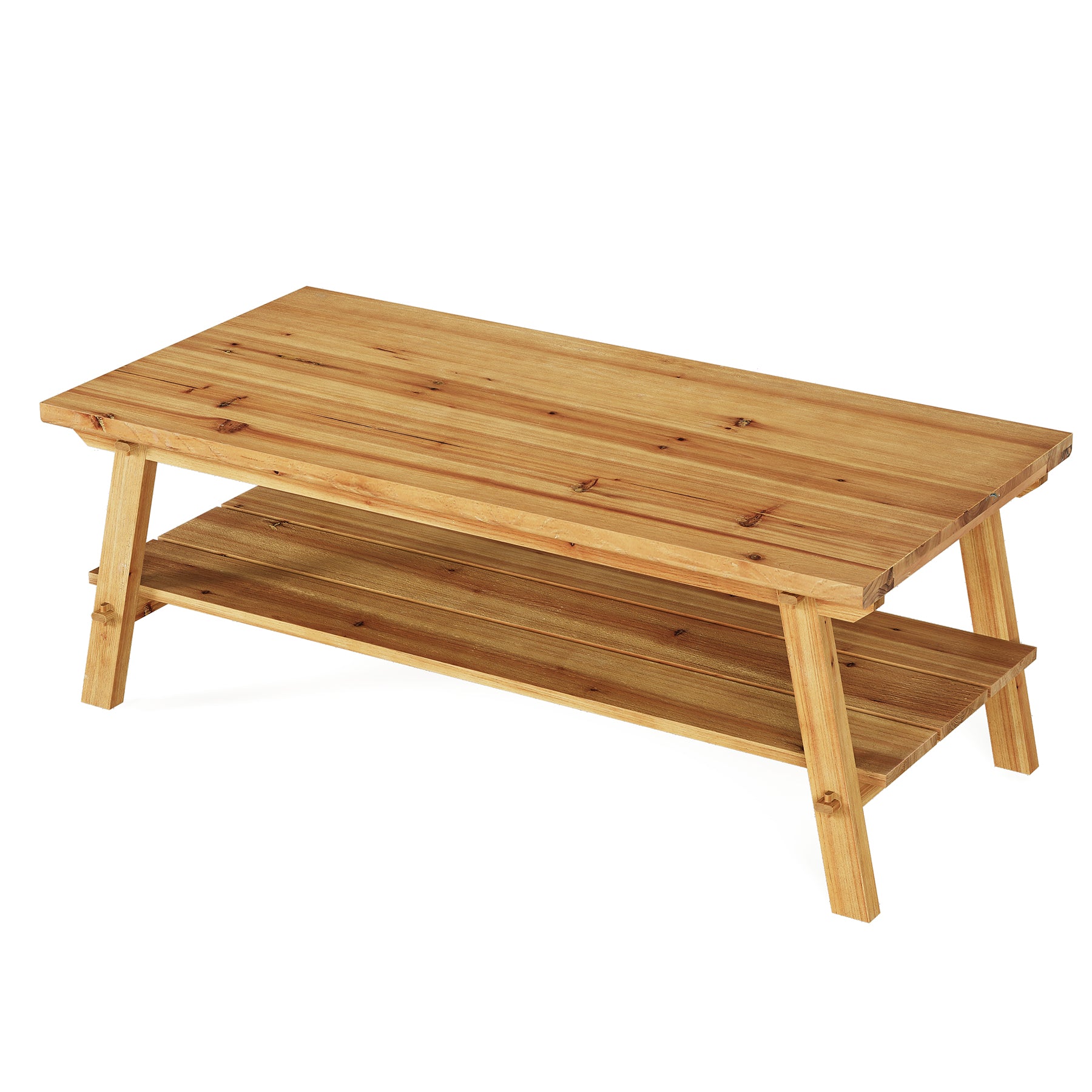 Farmhouse Rectangular Coffee Table, 47-Inch Solid Wood with Two Storage Shelves