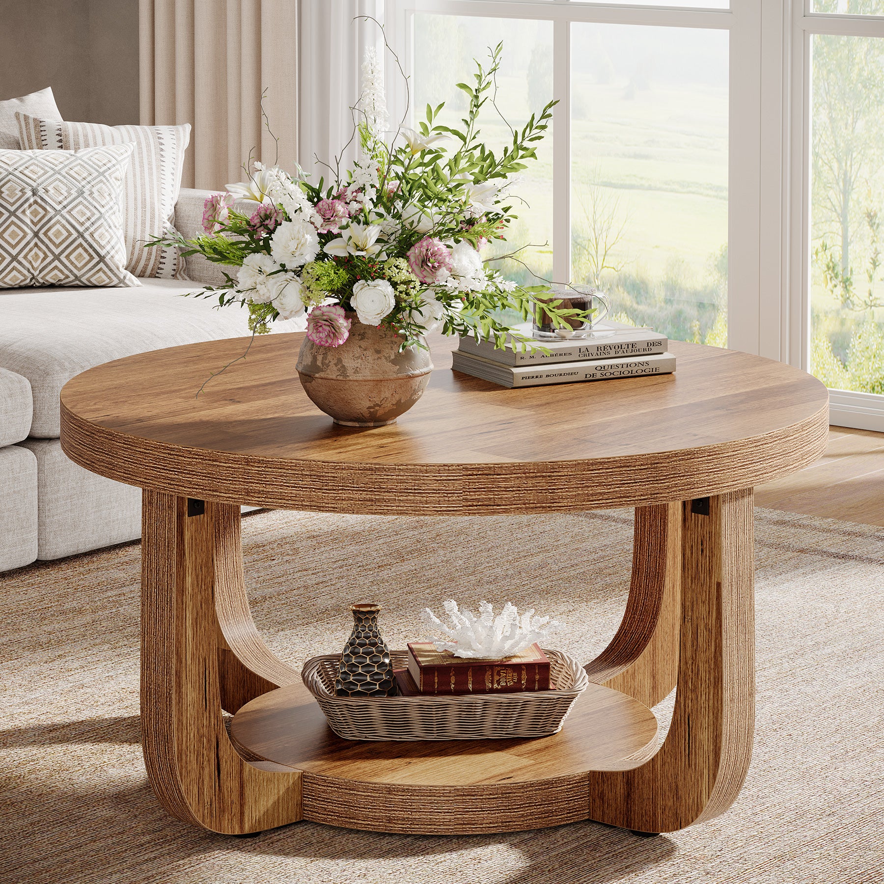 Tribesigns 31.5-Inch Round Coffee Table with Storage Shelf, 2-Tier Farmhouse Table for Living Room