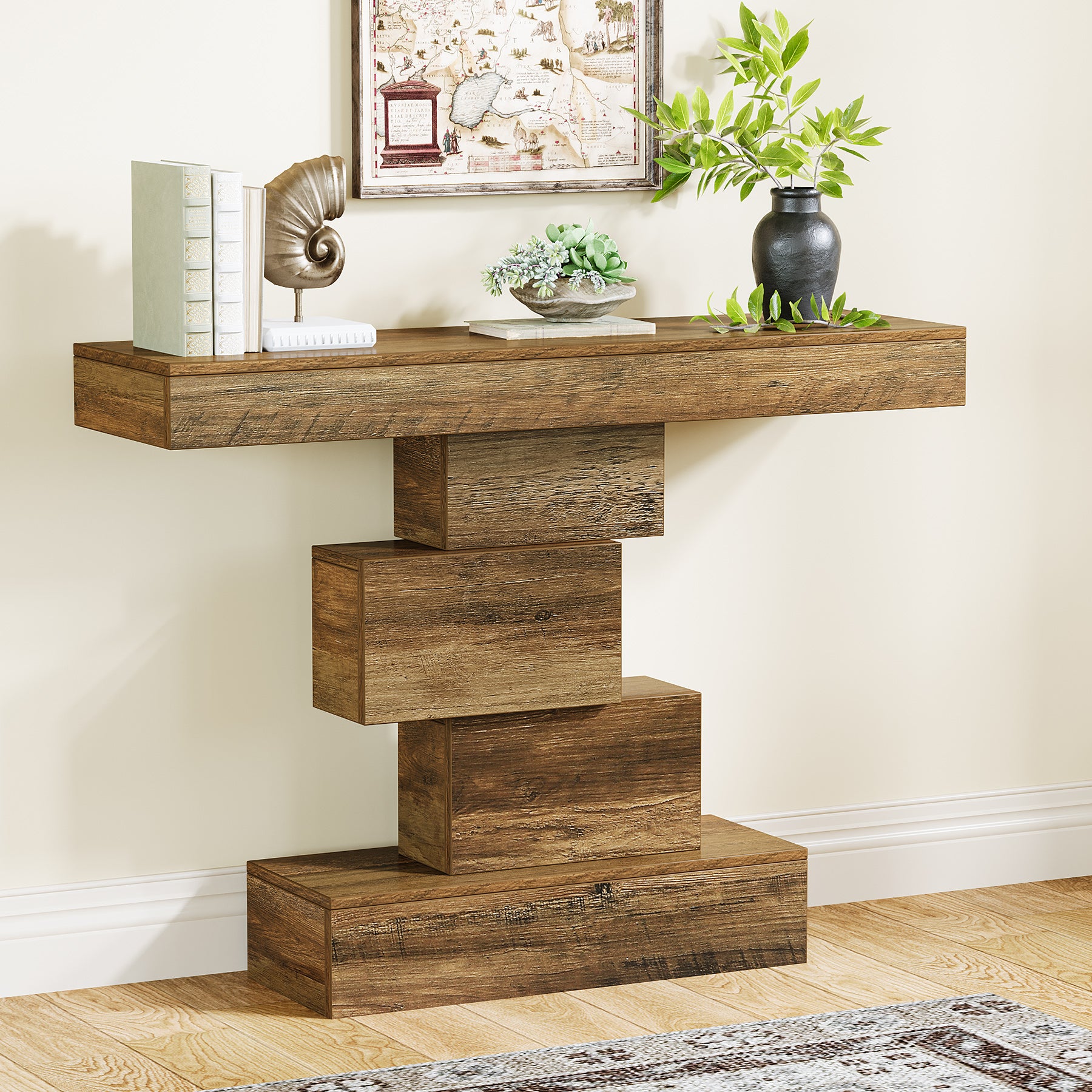 42" Console Table, Wood Sofa Table Accent Table with Geometric Base