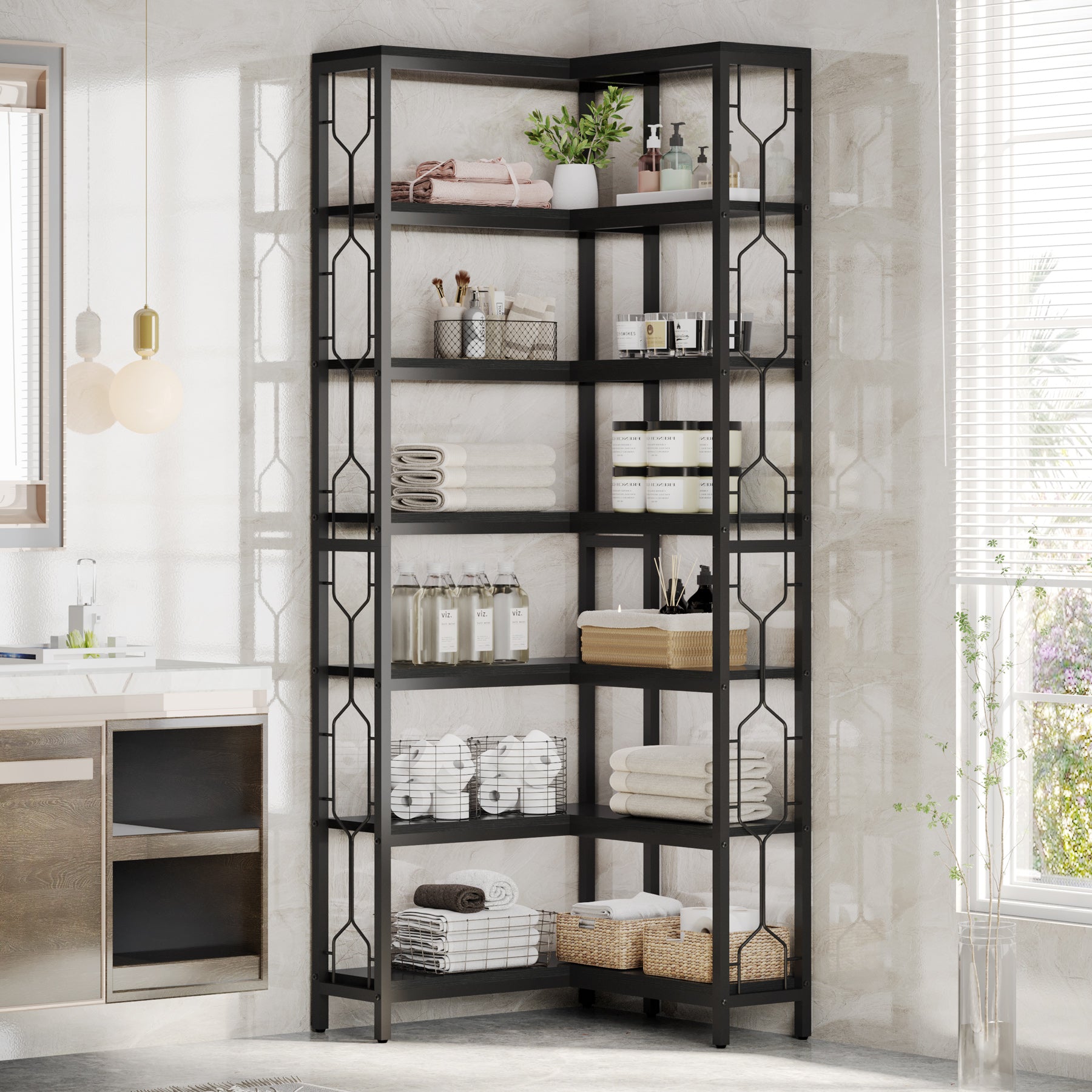 78.7-Inch 7-Tier Corner Bookcase with Hexagon-Pattern Side Panels, Tall Display Unit for Living Room