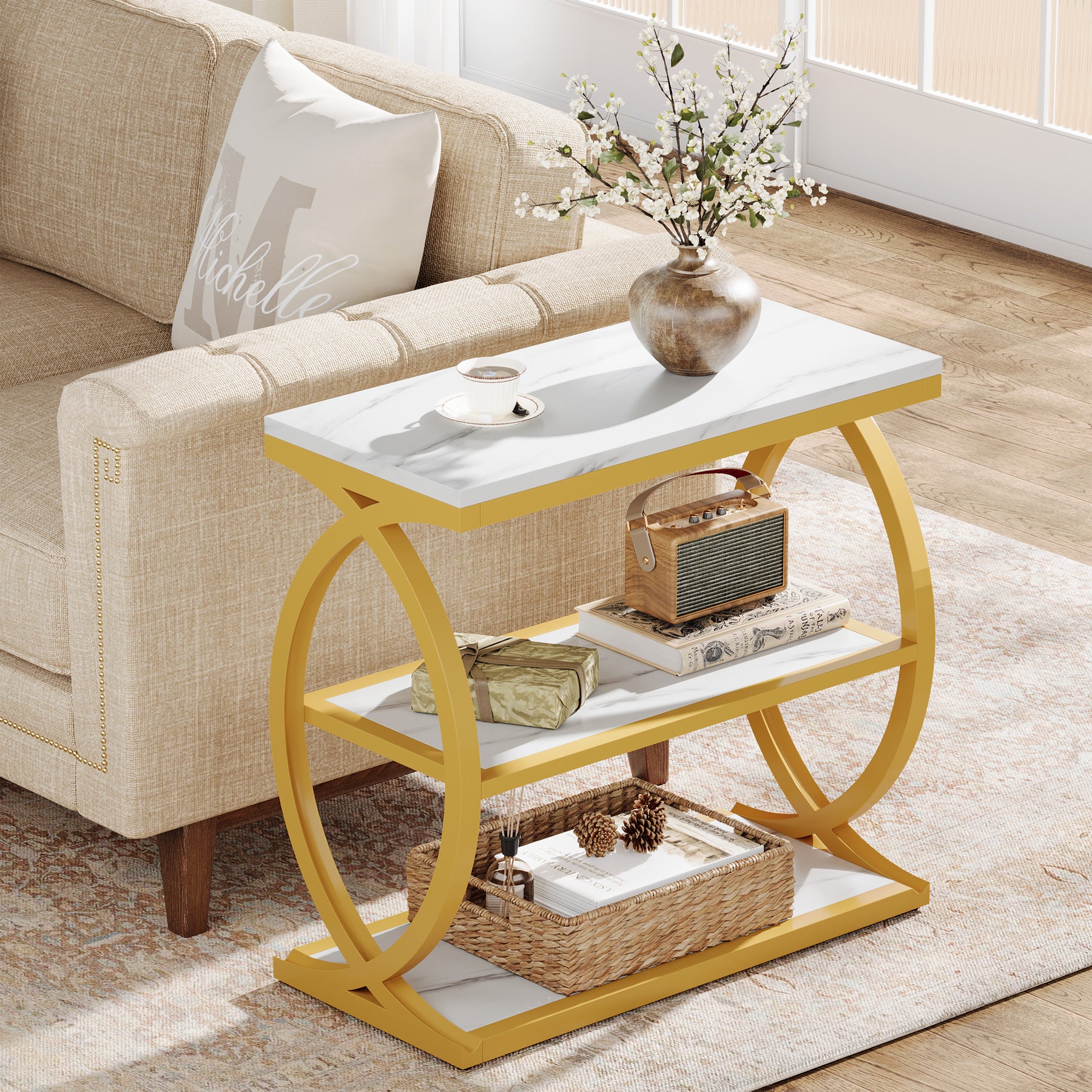 23.62" Rustic Brown Narrow End Table, 3-Tier Industrial Wood & Metal Side Table for Small Space