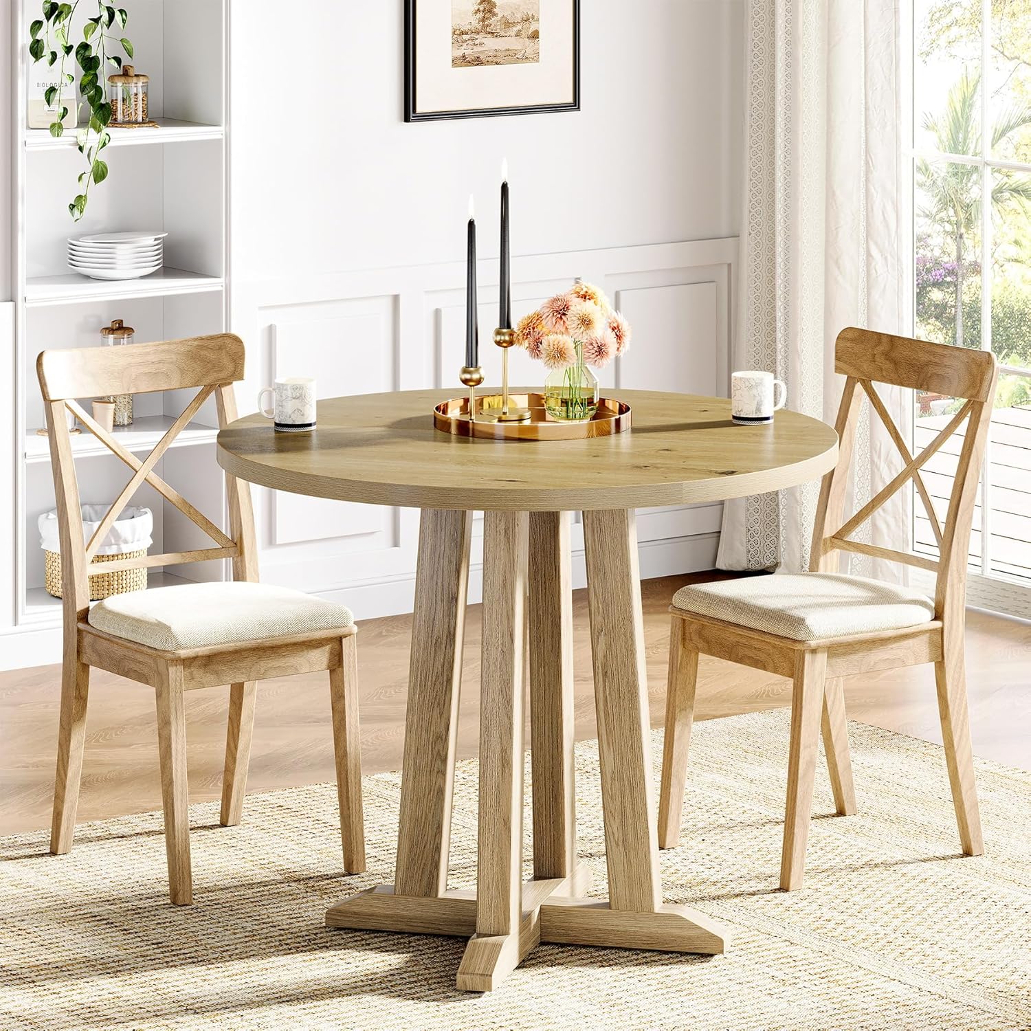 Round Farmhouse Dining Table for Small Spaces Sturdy Base