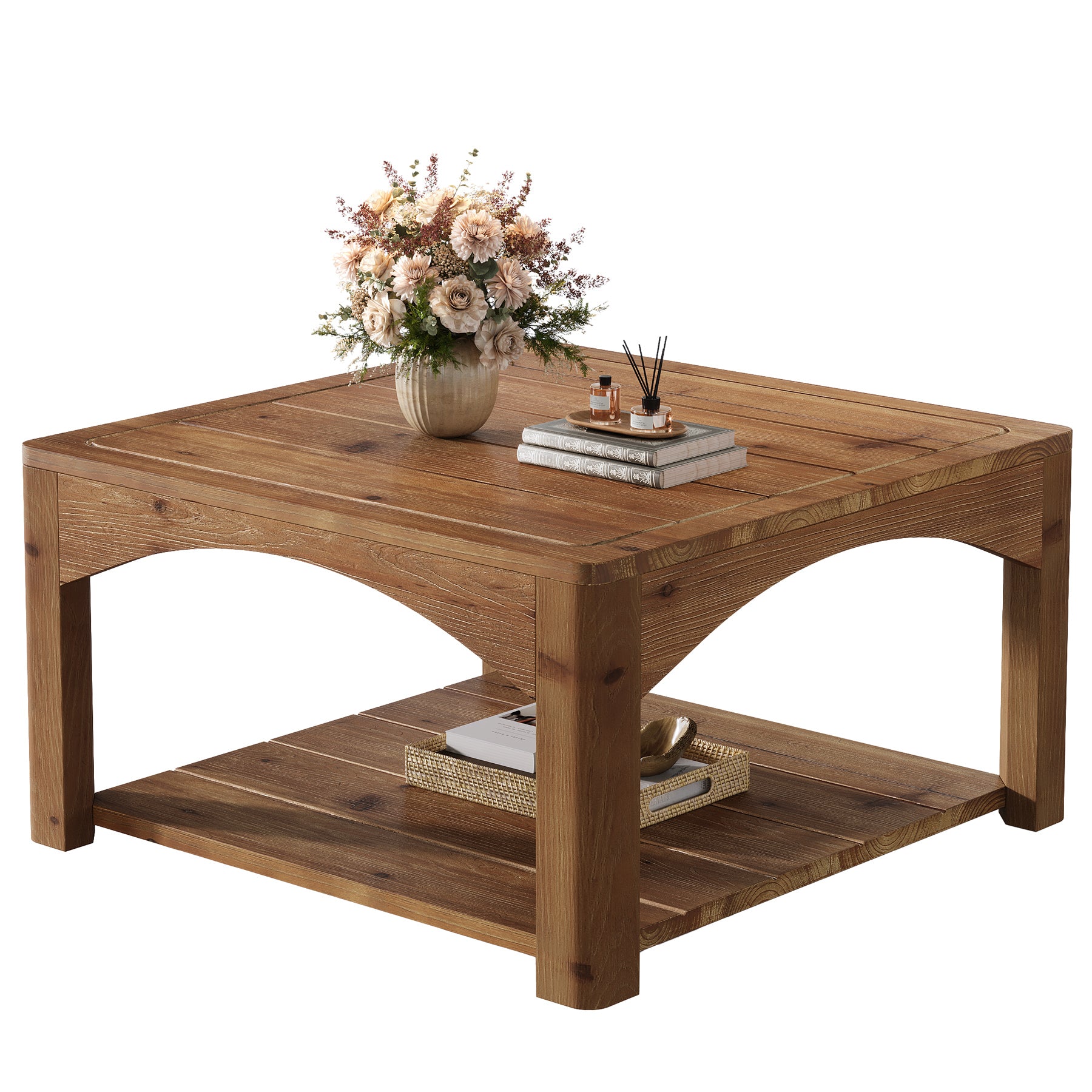 31.5" Square Solid Wood Coffee Table with 2-Tier Storage, Wooden Center Table for Living Room