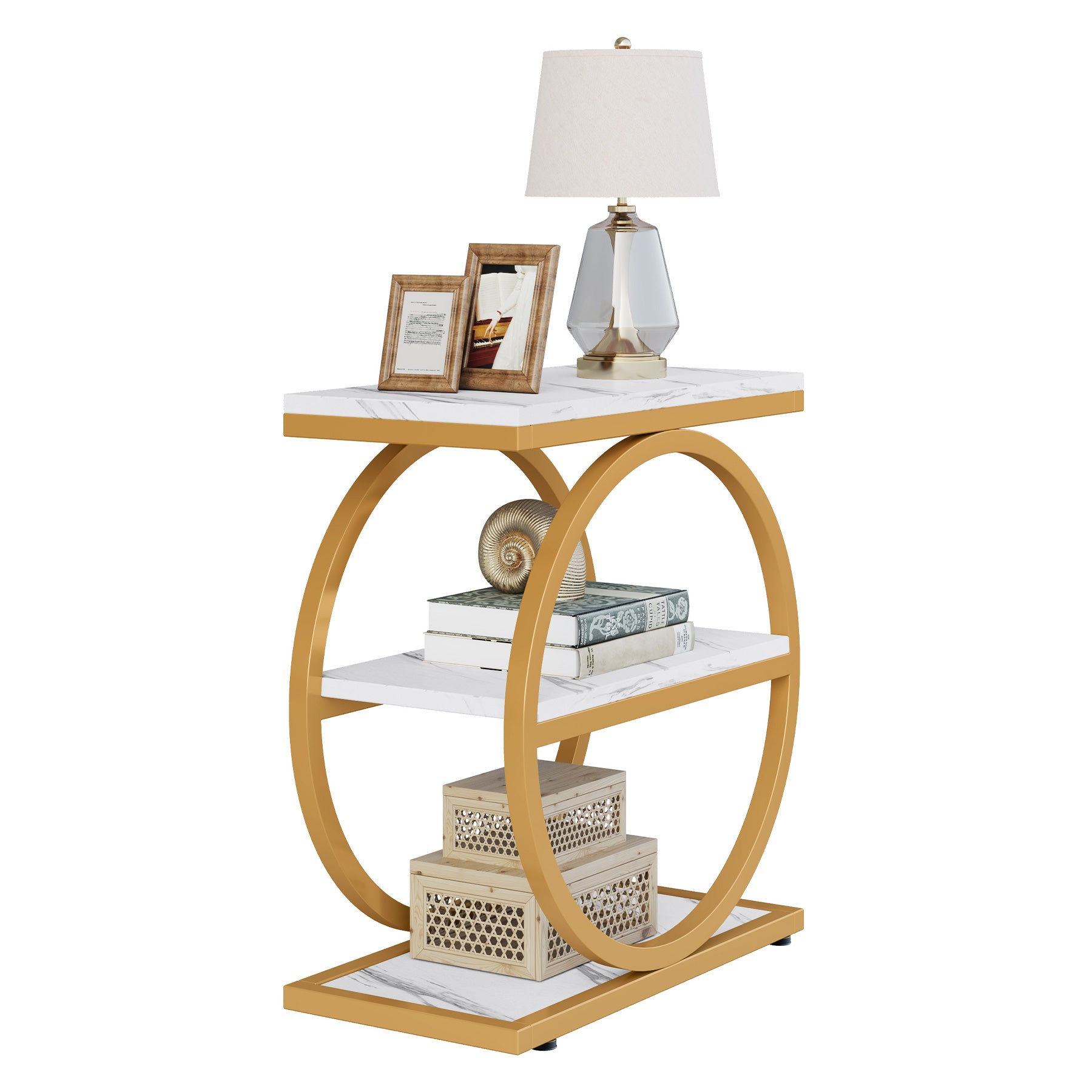 3-Tier End Table, Industrial Sofa Side Table with Round Metal Frame