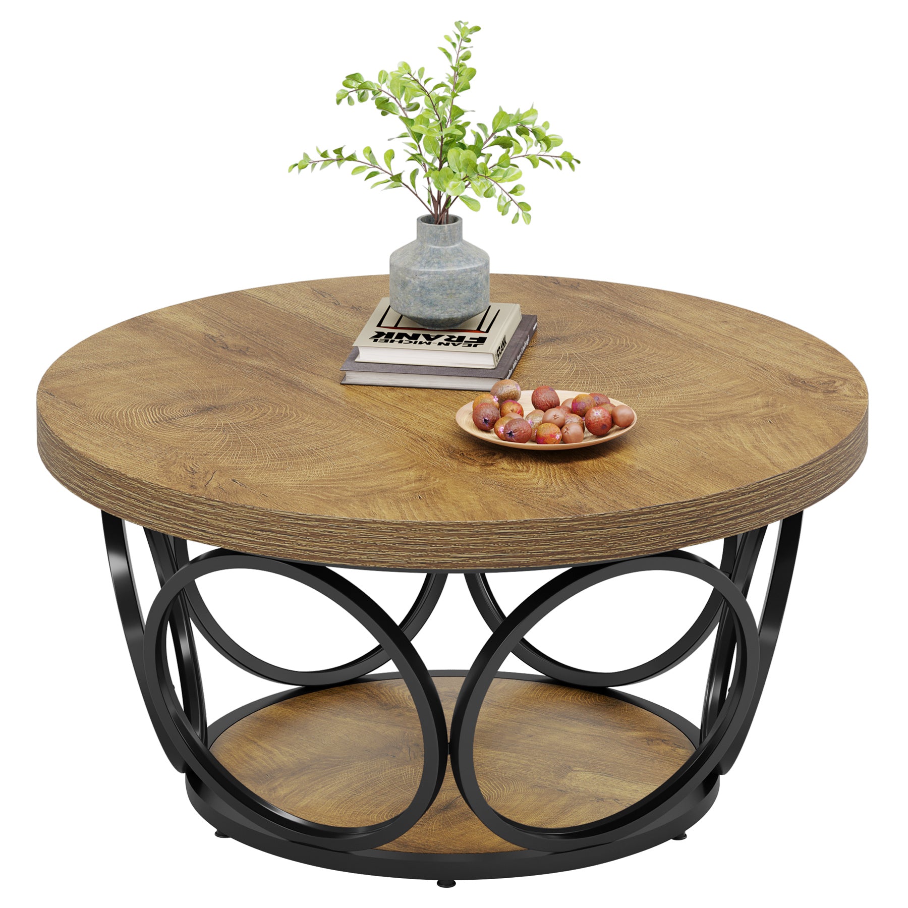Tribesigns Coffee Table, Round Center Table with 2 Storage Shelves