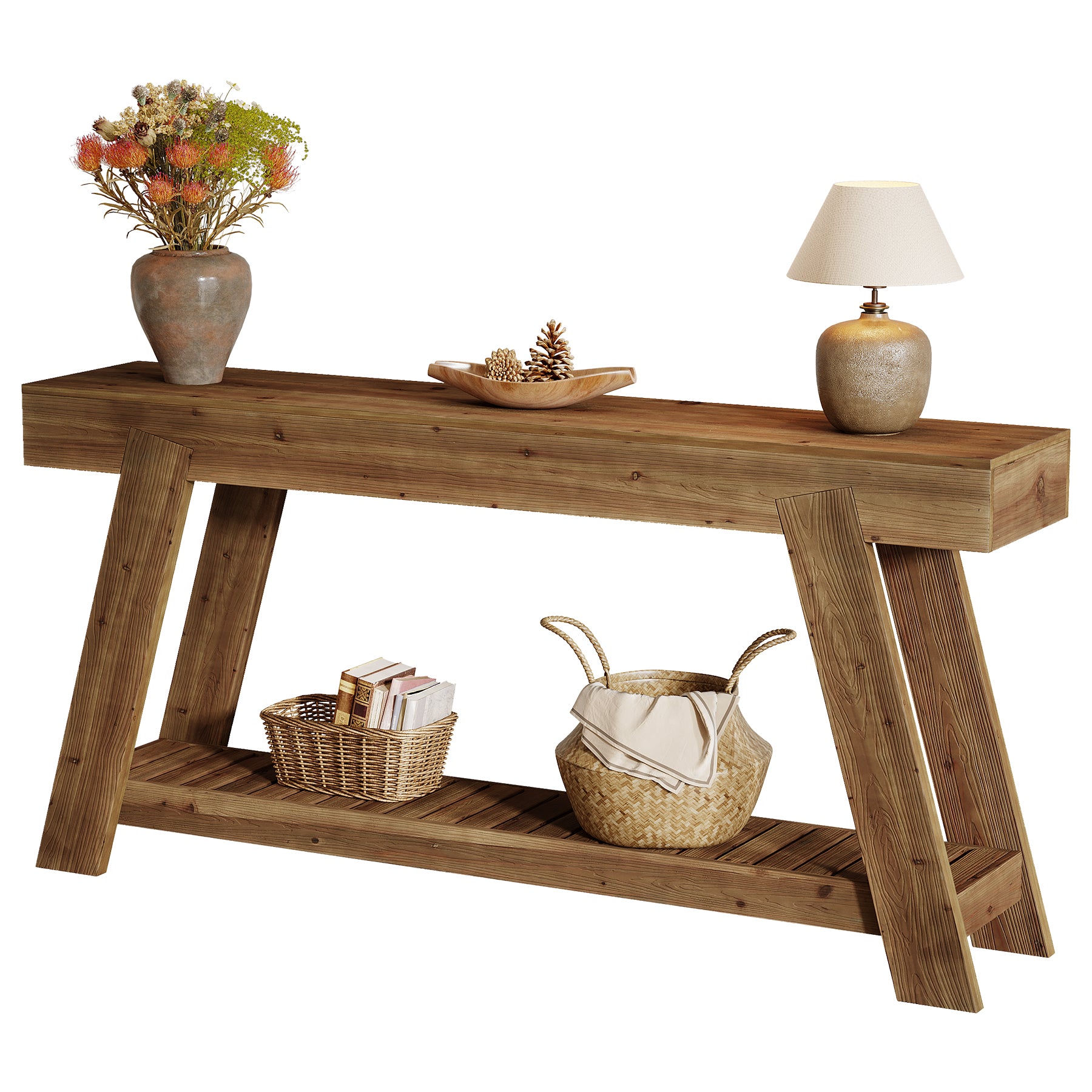 63" Solid Wood Console Table, Farmhouse Narrow Sofa Table for Entryway Hallway and Living Room in Classic Brown