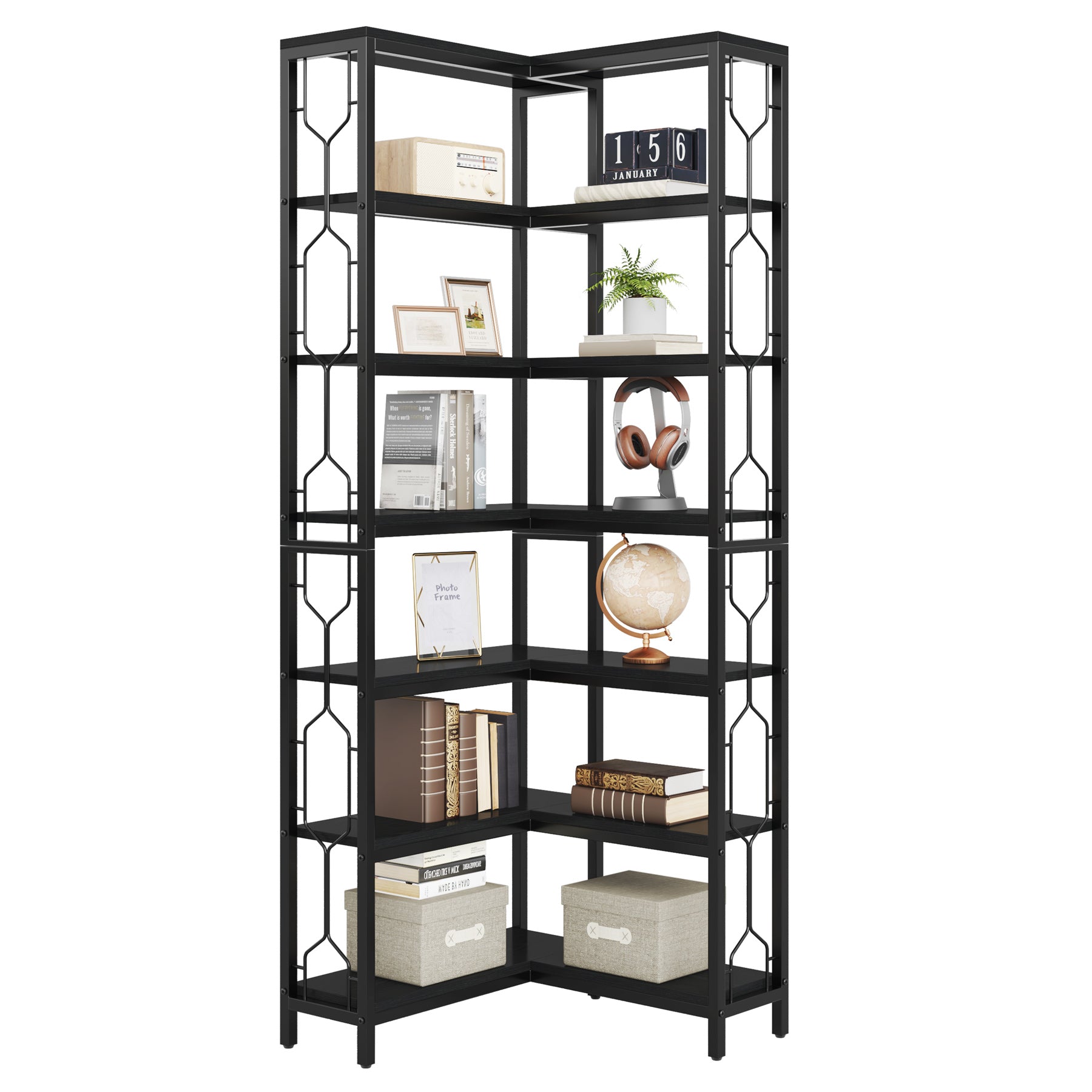 78.7-Inch 7-Tier Corner Bookcase with Hexagon-Pattern Side Panels, Tall Display Unit for Living Room
