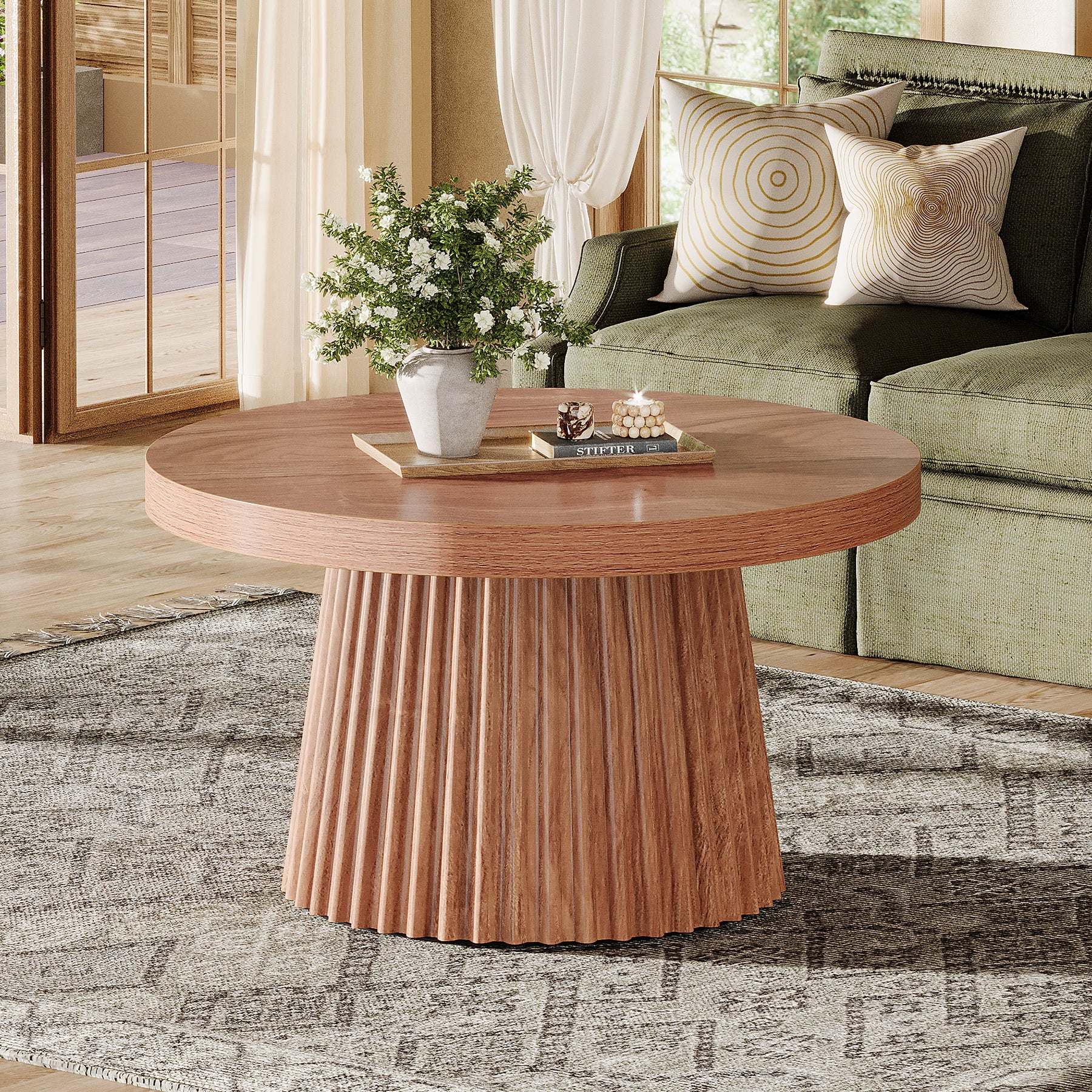 31.5" Round Fluted Coffee Table - Minimalist Wood Grain Center Piece for Small Spaces