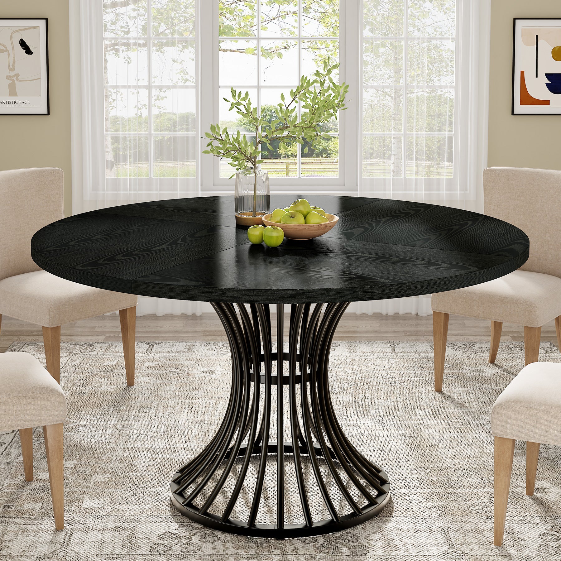 Tribesigns 47.2-Inch Round Dining Table for 4-6, Farmhouse Kitchen Table with Hourglass Metal Base