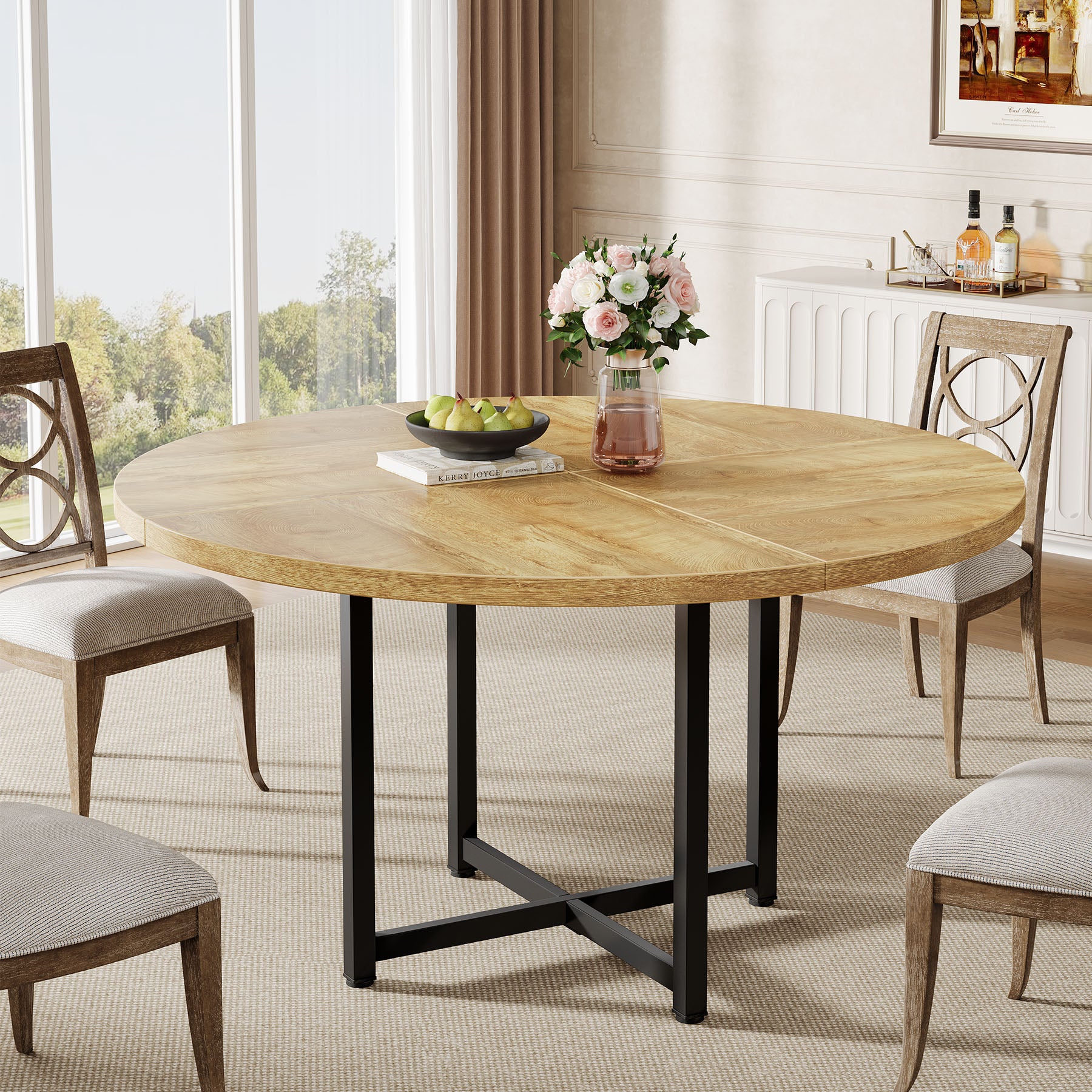 47" Round Dining Table, Heavy-Duty Metal Base, Space-Saving