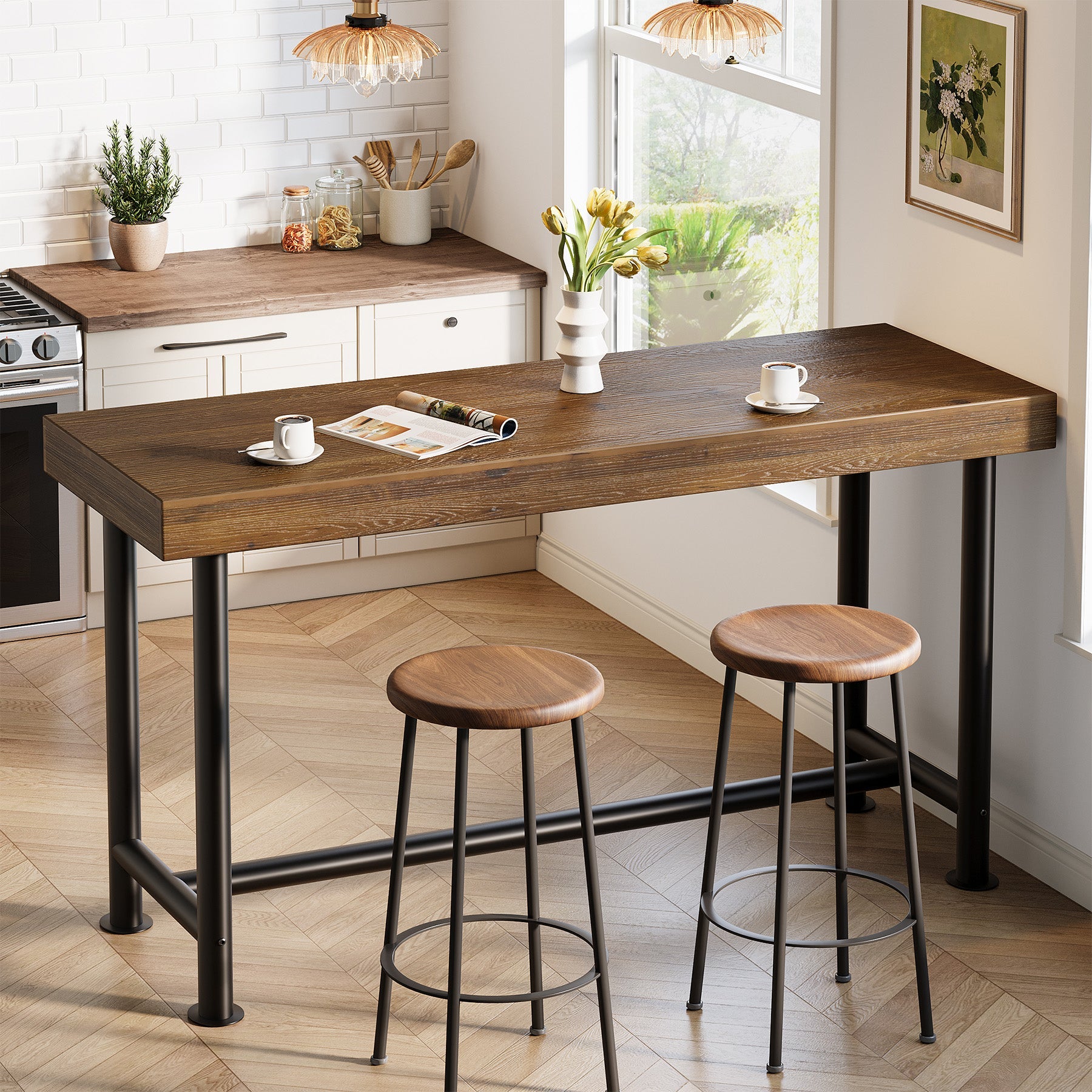 63-Inch Solid Wood Bar Table with Metal Legs, Rectangular Counter Height Pub Table