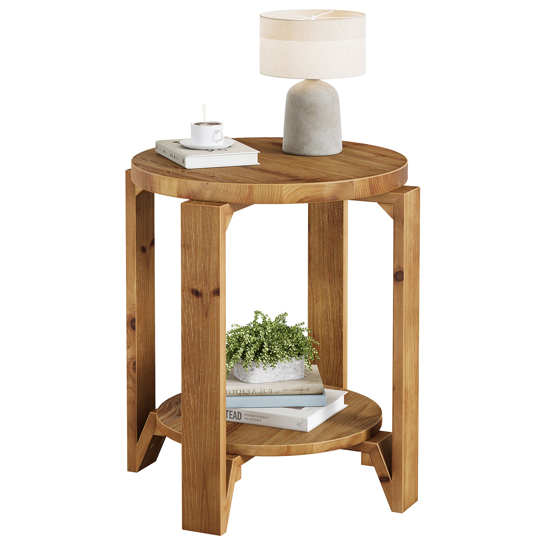 Solid Wood 2-Tier Round End Table, Farmhouse Style Nightstand with Storage