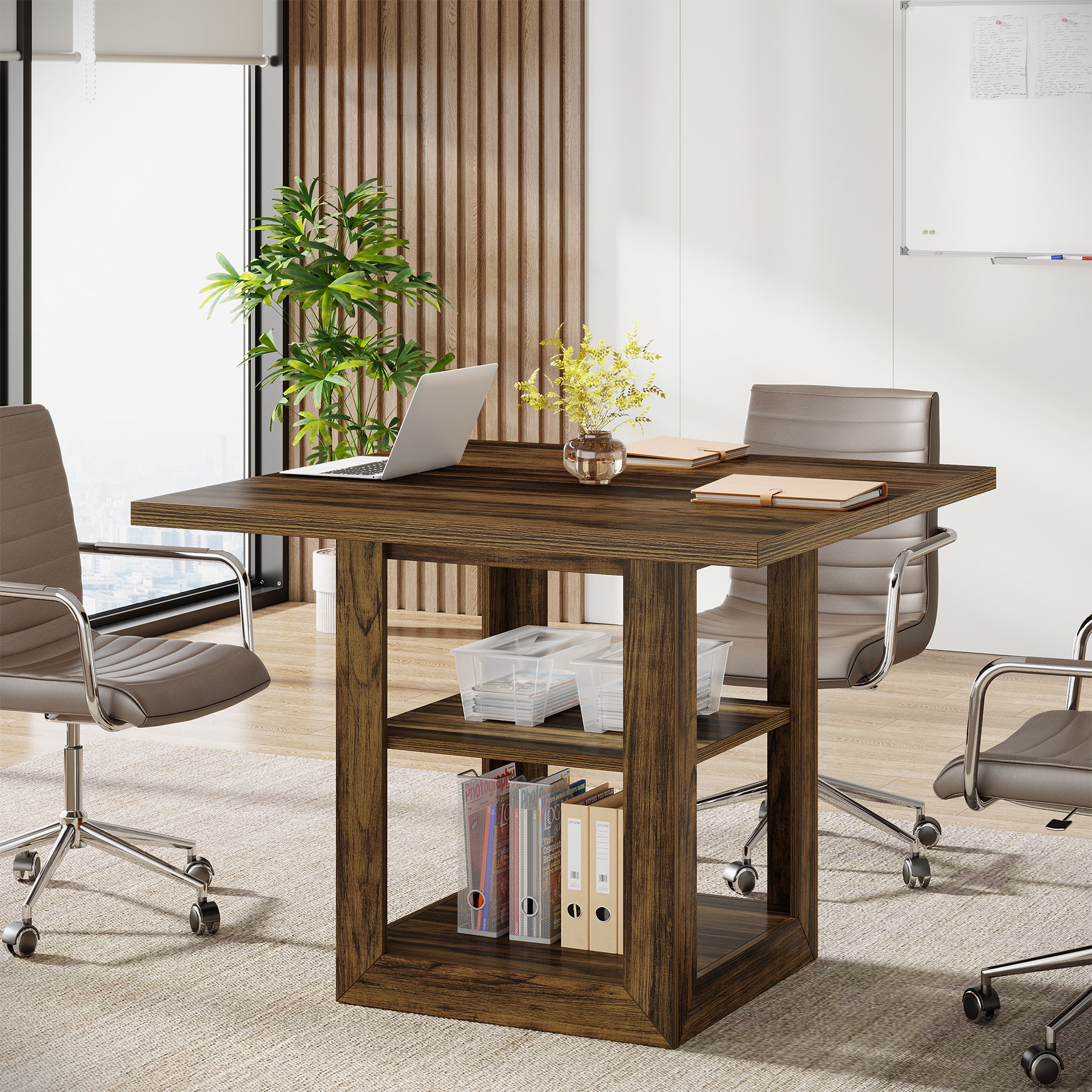 Tribesigns 31.5" Square Conference Table for 4, Compact Meeting Table with Storage Shelf