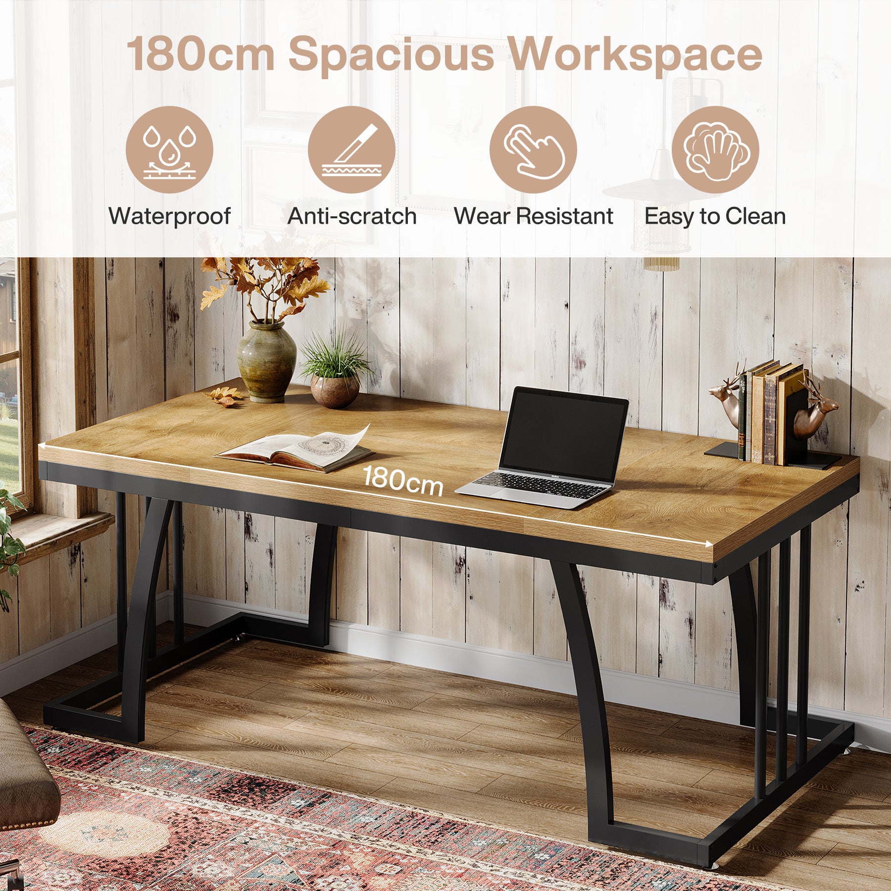 63-Inch Executive Desk with Deep Worktop and Metal Frame, Large Industrial Computer Desk for Home Office