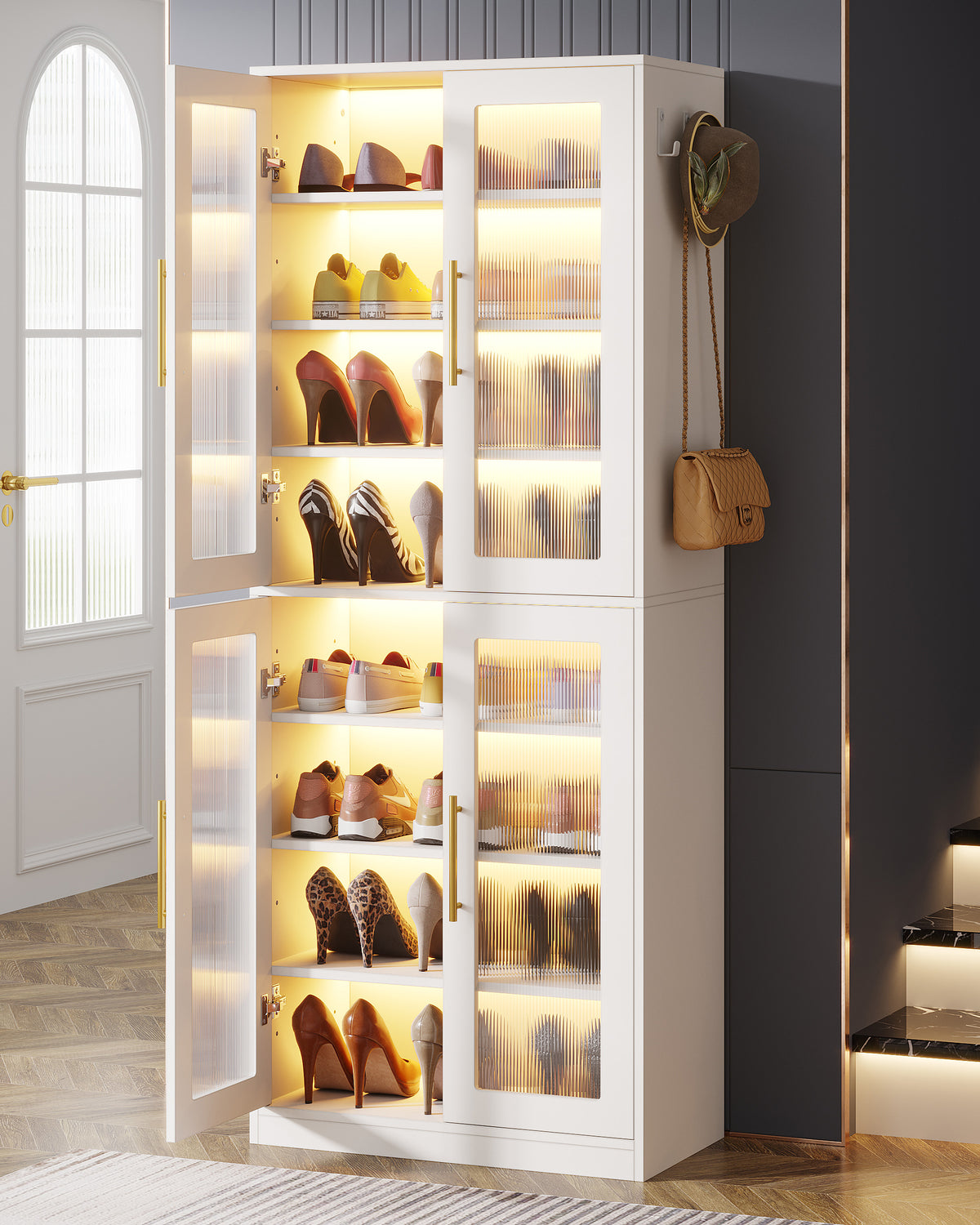 8-Tier Shoe Storage Cabinet with LED Lights and Acrylic Doors, Tall Entryway Shoe Organizer for Closet