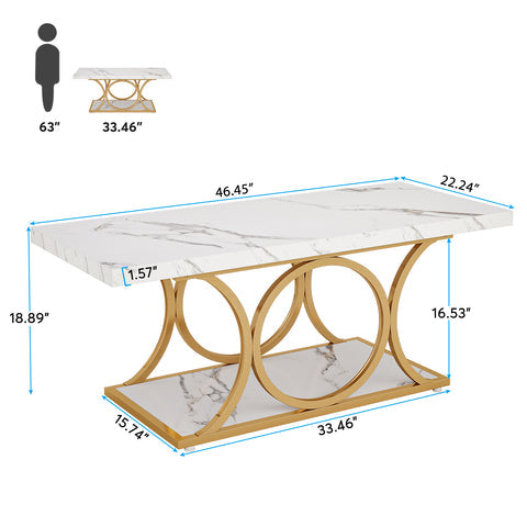46.5-Inch Rectangular Coffee Table with Marble-Effect Top and Gold Frame, 2-Tier Storage for Living Room