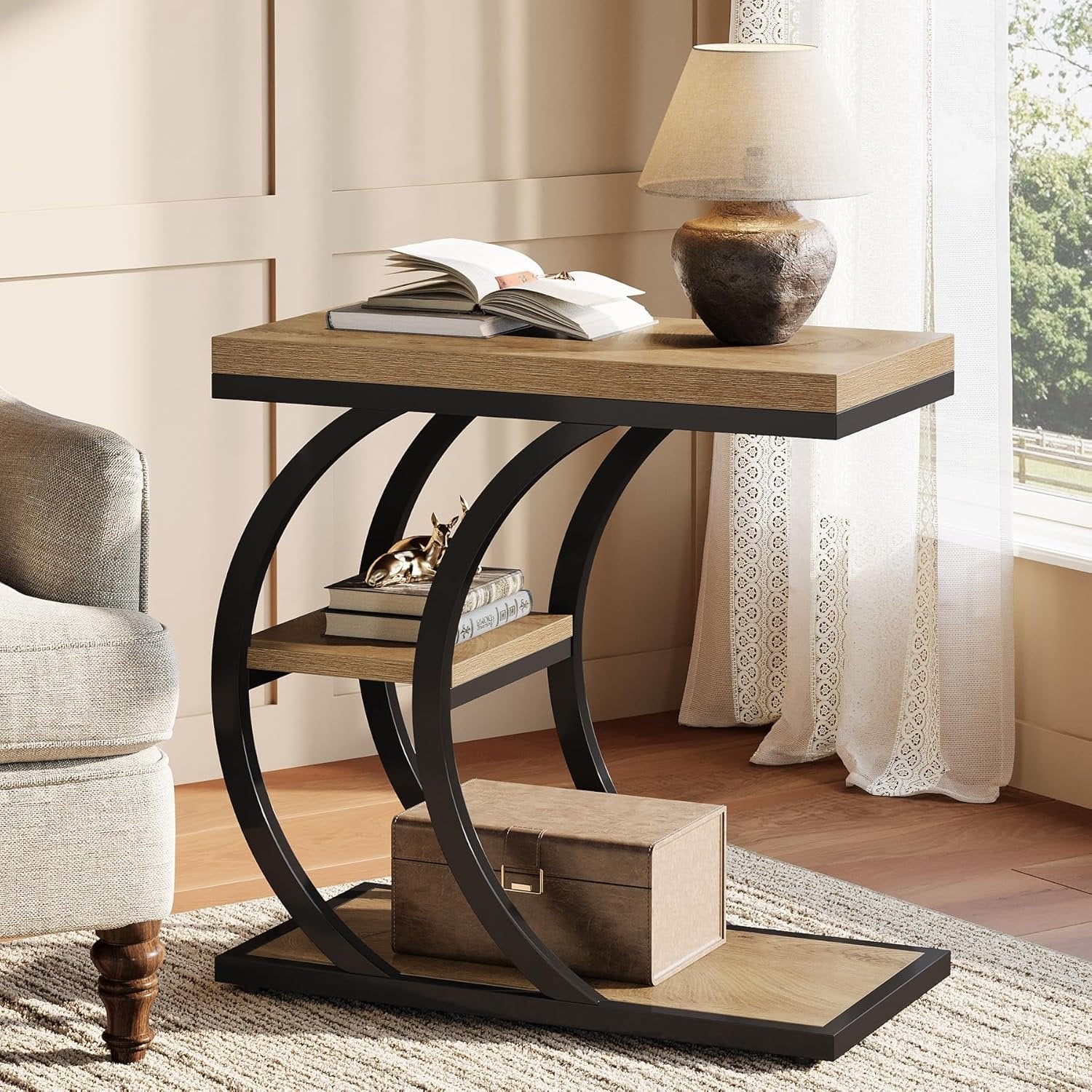 23.6" End Table, 3-Tier Couch C-Shaped Side Table with Storage