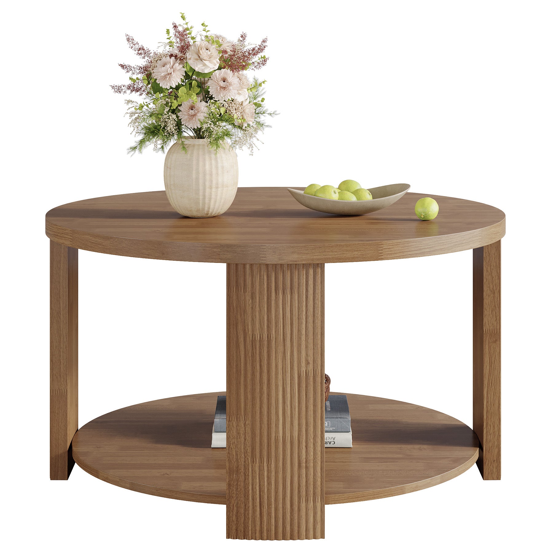 31.5 Inch Round Coffee Table with 2 Tier Storage, Mid Century Modern Farmhouse Accent Table