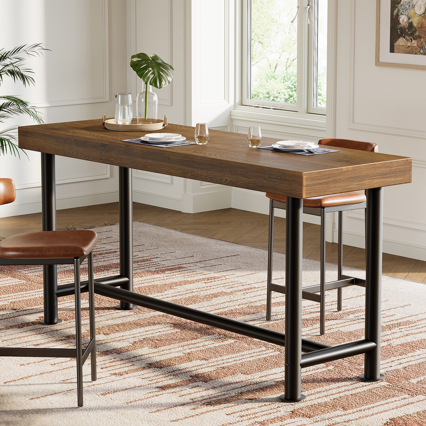 63-Inch Solid Wood Bar Table with Metal Legs, Rectangular Counter Height Pub Table