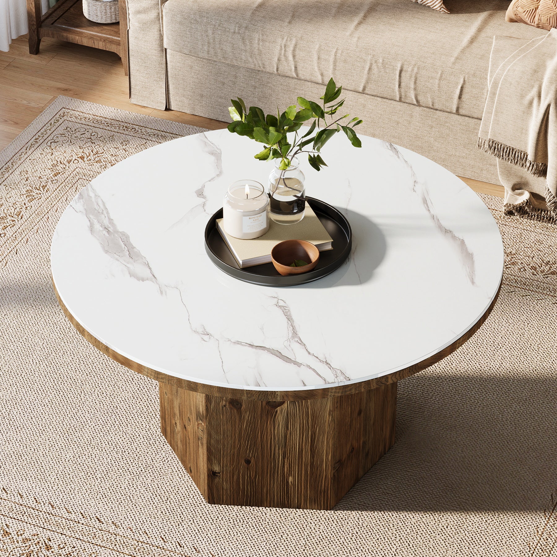 31.5" Sintered Stone Coffee Table, White Round Table with Solid Wood Base for Living Room