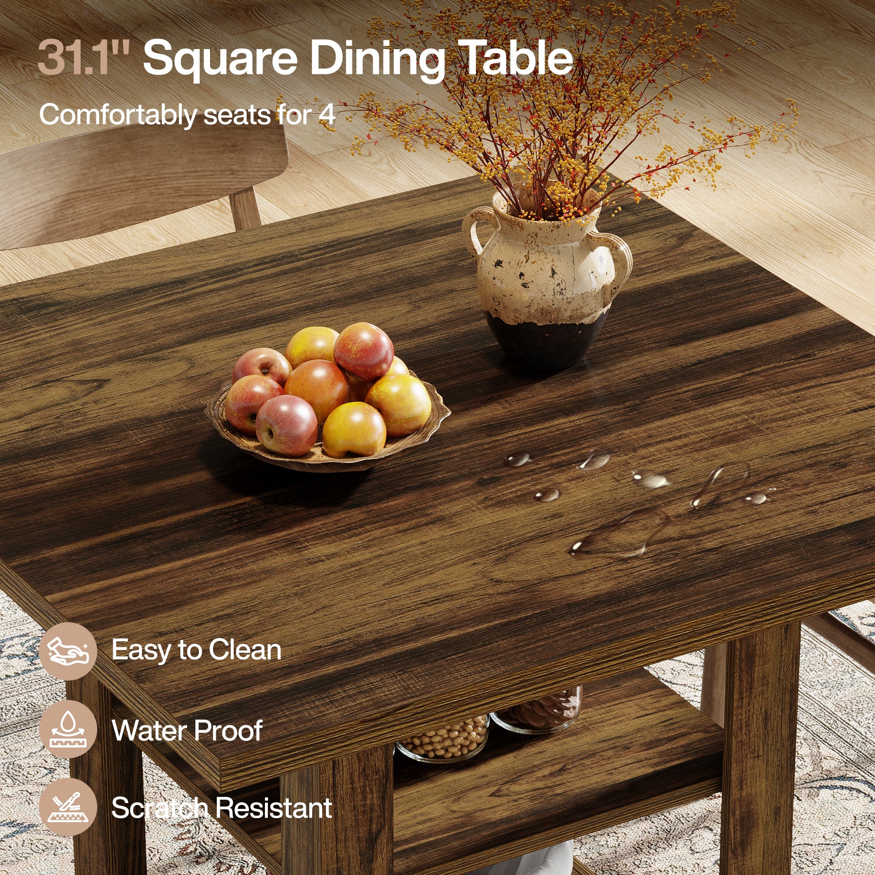 Tribesigns 31.5 Inch Square Dining Table for 4, Farmhouse Kitchen Table with Storage Shelf