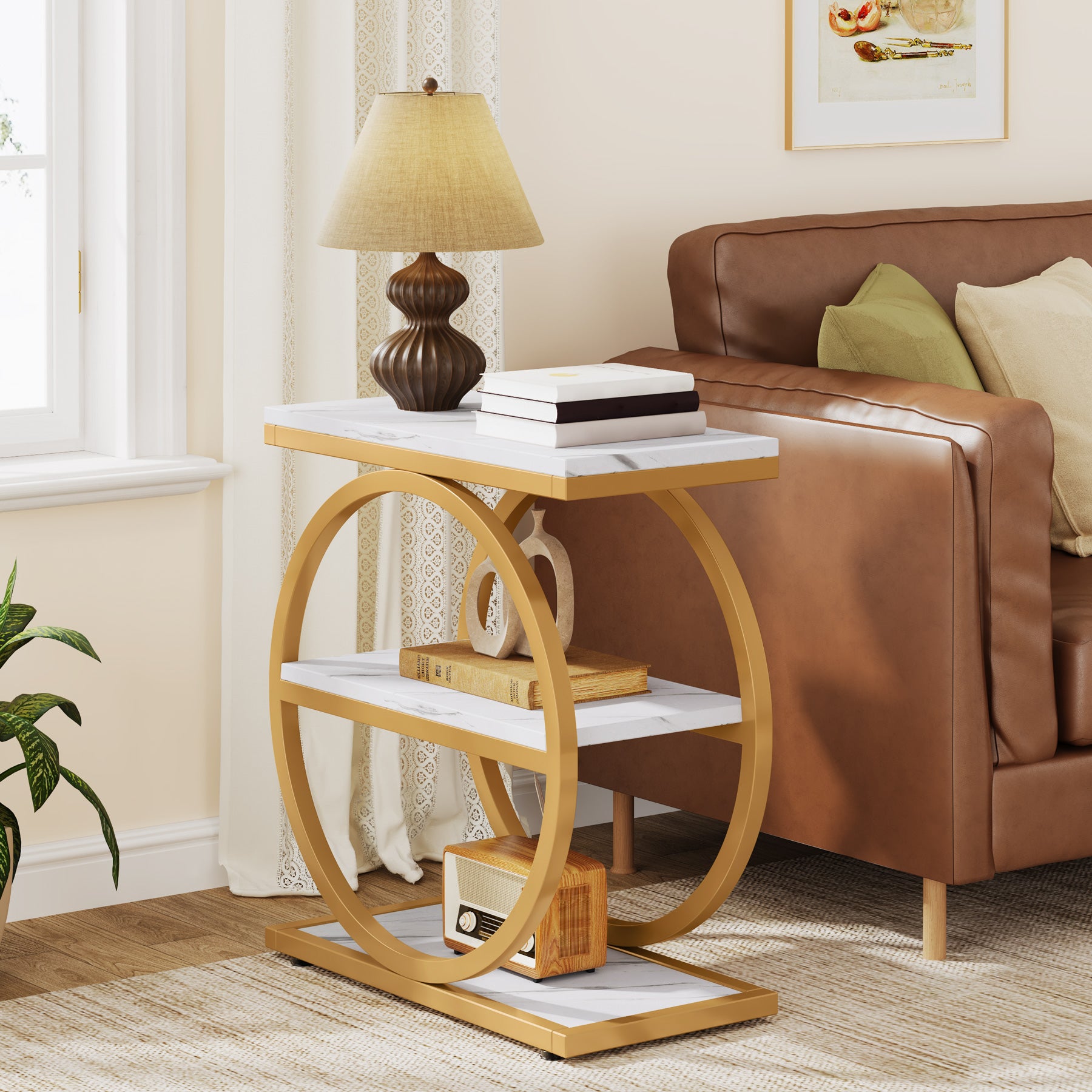 3-Tier End Table, Industrial Sofa Side Table with Round Metal Frame