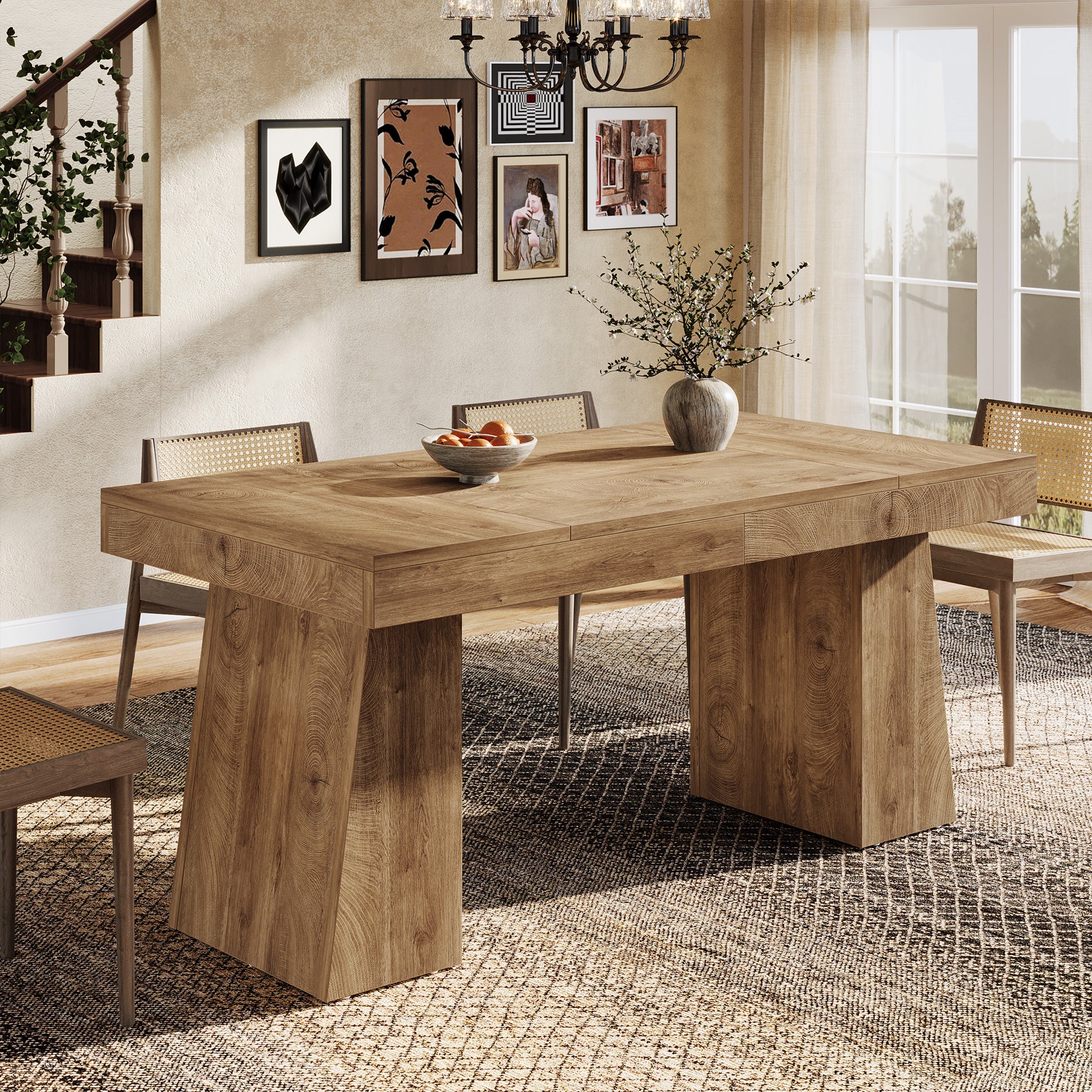 Tribesigns 55-Inch Dining Table for 4-6 People, Rectangular Farmhouse Kitchen Table with Double Pedestal Base