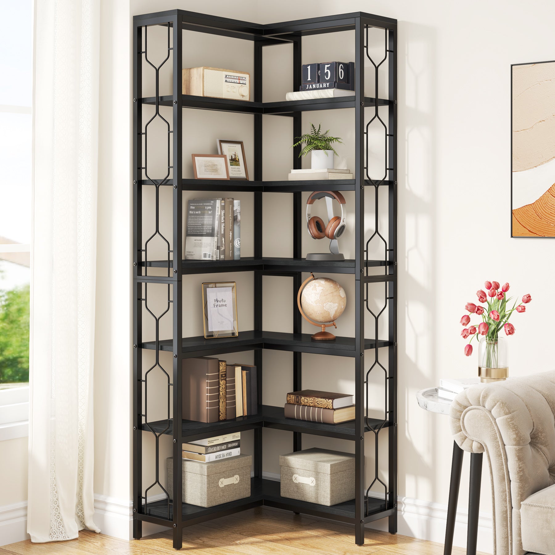 78.7-Inch 7-Tier Corner Bookcase with Hexagon-Pattern Side Panels, Tall Display Unit for Living Room