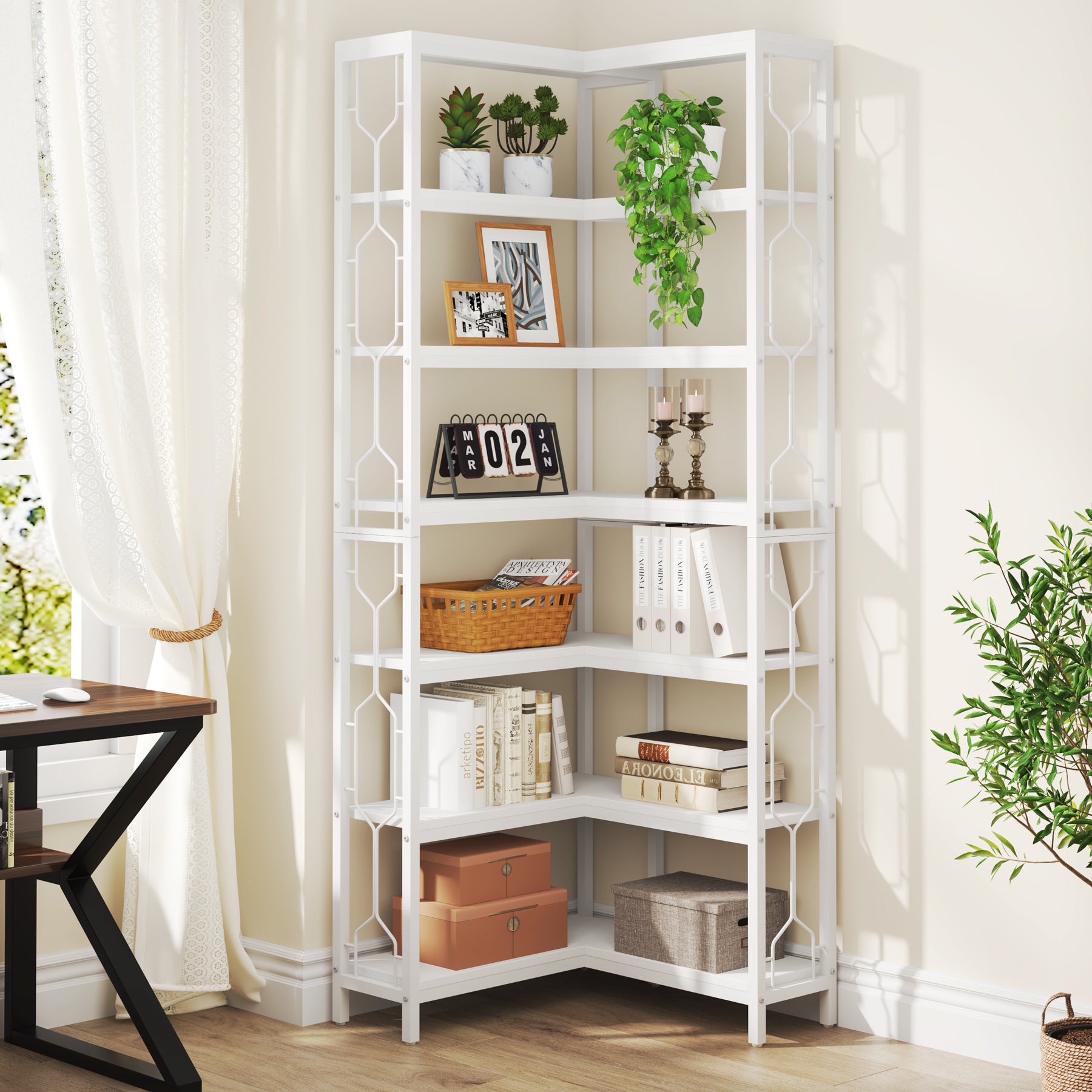 78.7-Inch 7-Tier Corner Bookcase with Hexagon-Pattern Side Panels, Tall Display Unit for Living Room